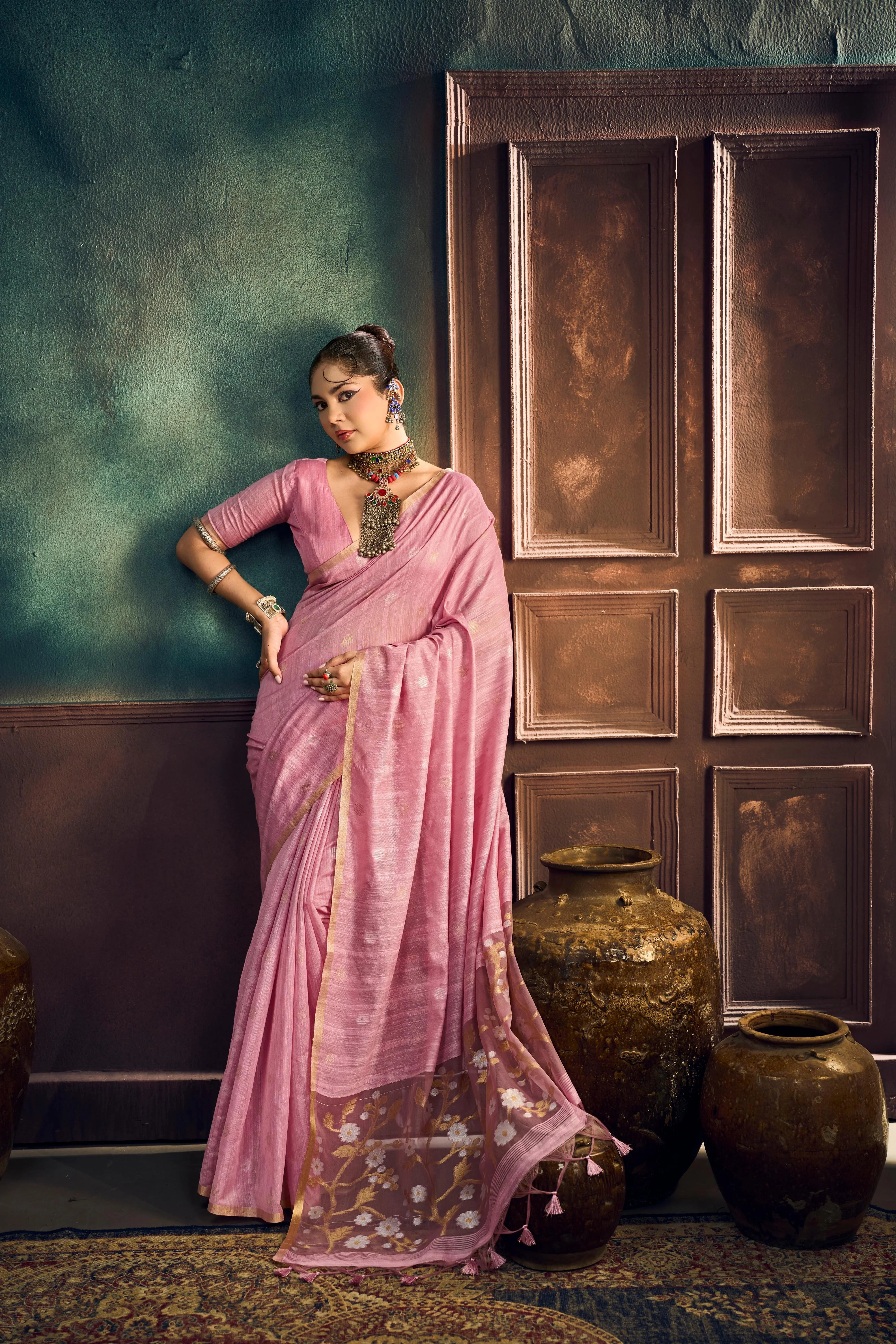 Pure Munga Cotton Casual Wear Rose Pink With Handloom Work