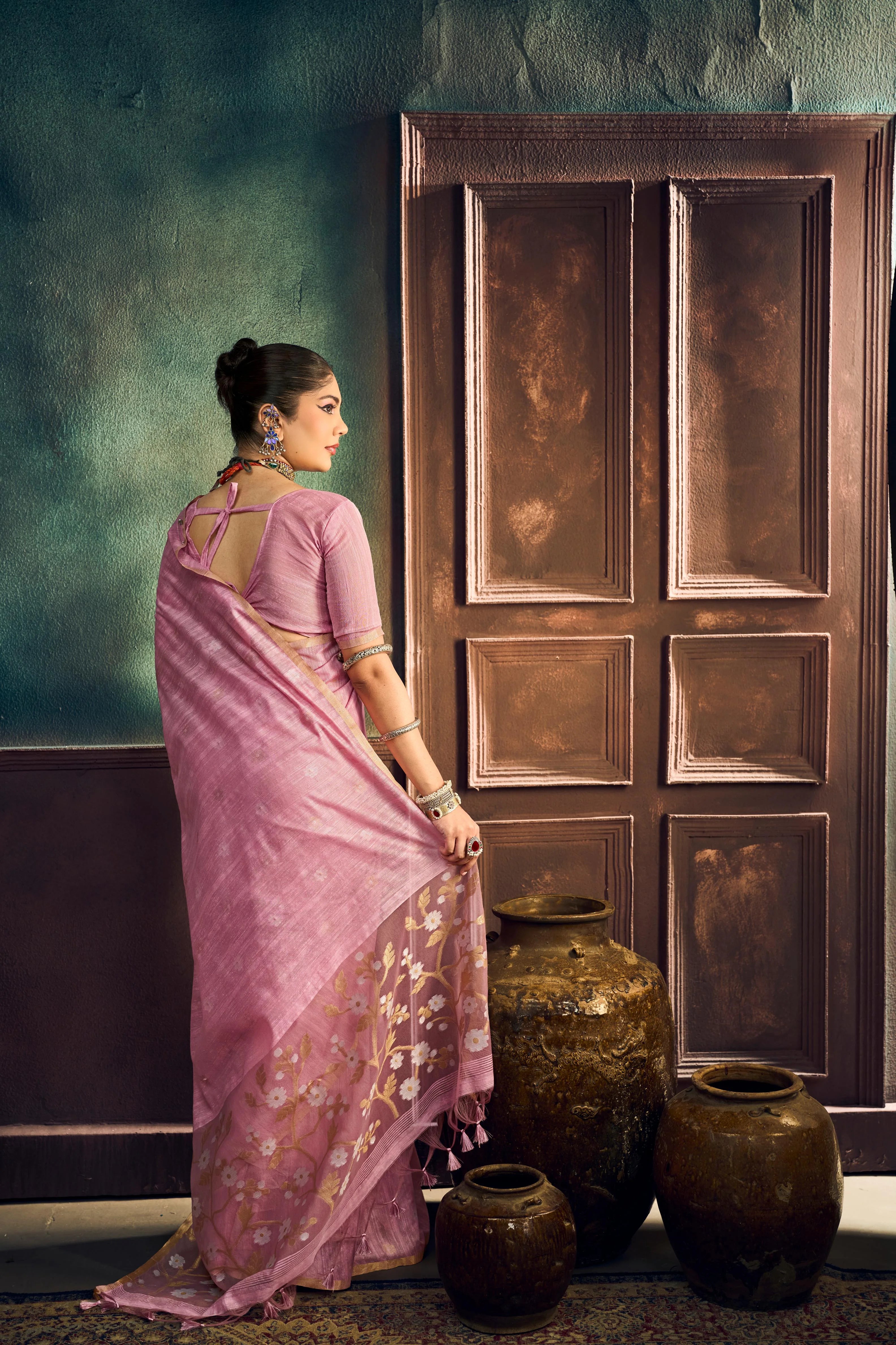 Pure Munga Cotton Casual Wear Rose Pink With Handloom Work