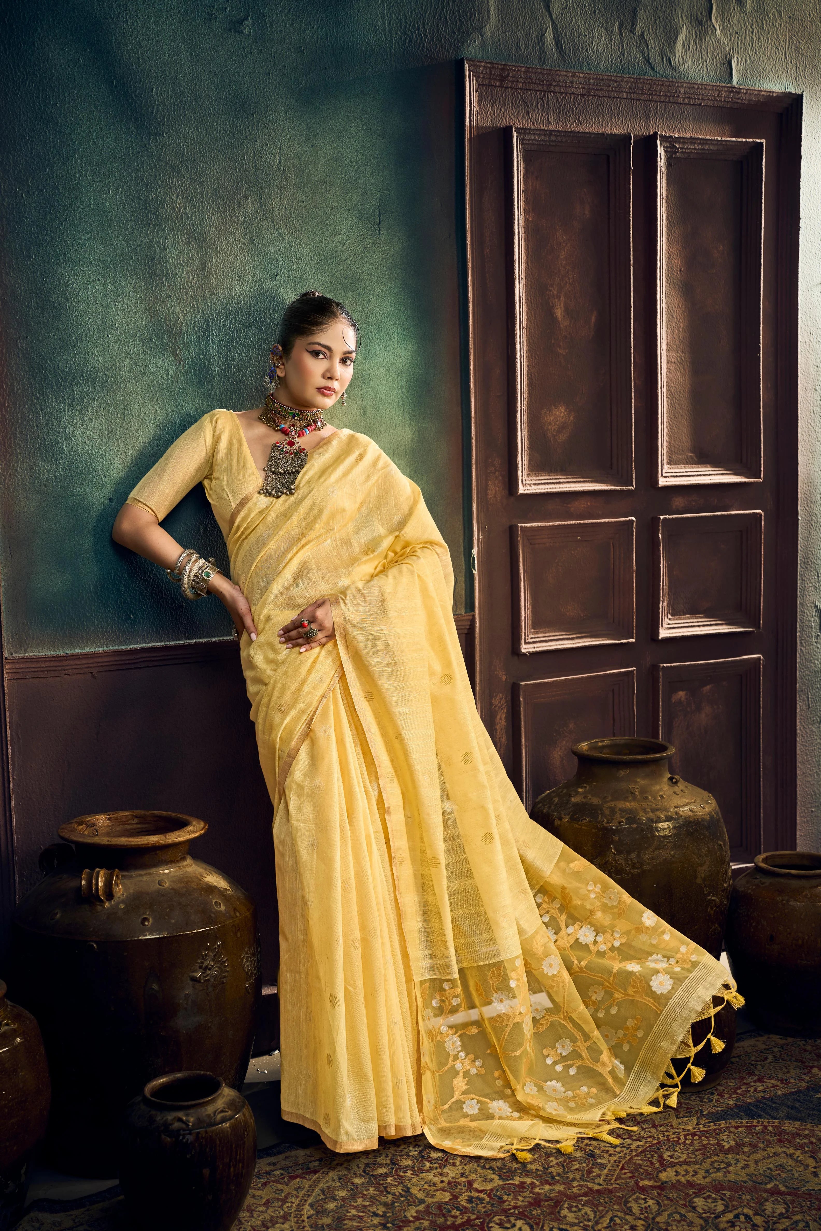 Pure Munga Cotton Casual Wear Yellow With Handloom Work