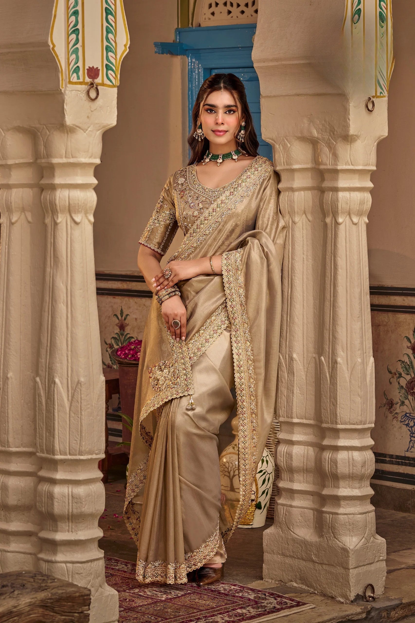 Fancy Based Pure Party Wear Beige With Stitched Blouse Saree