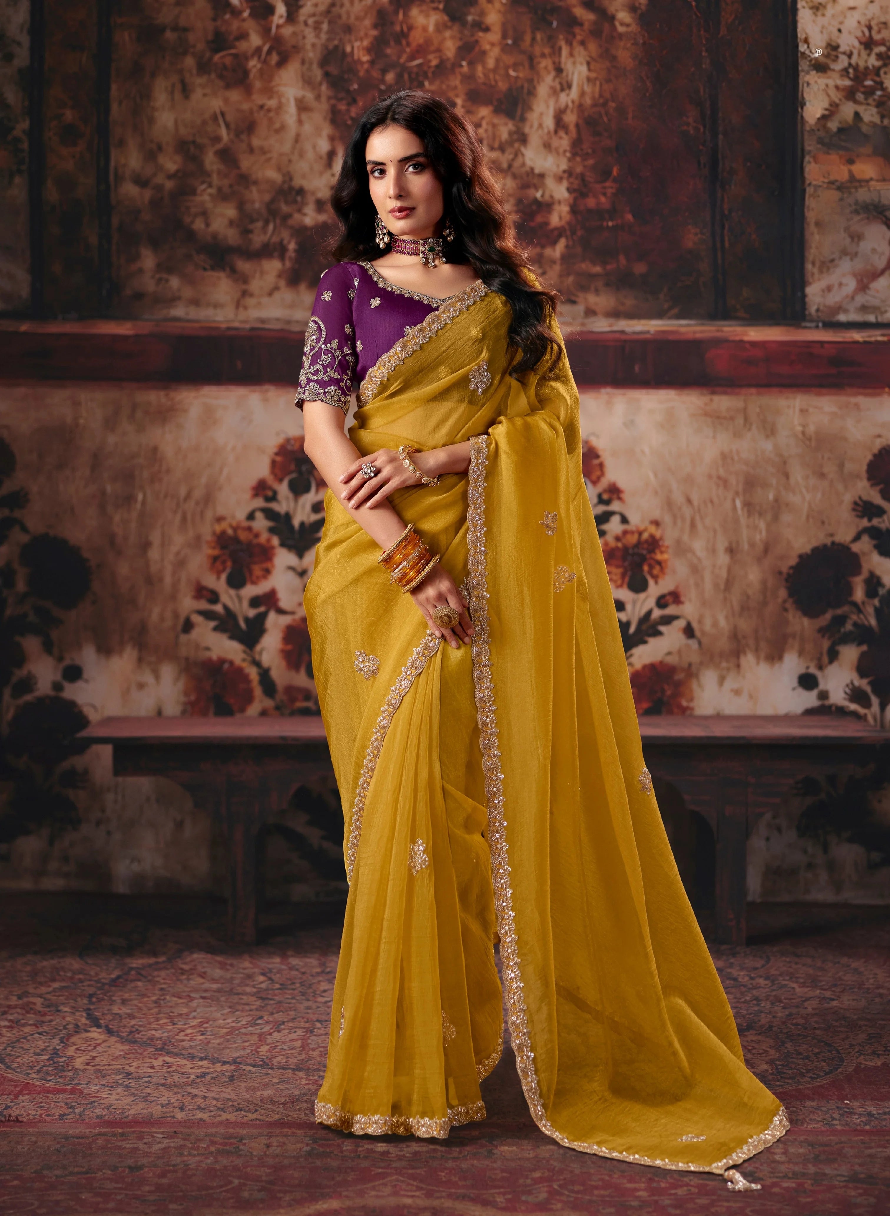 Organza Party Wear Mustard With Handwork Motif Work