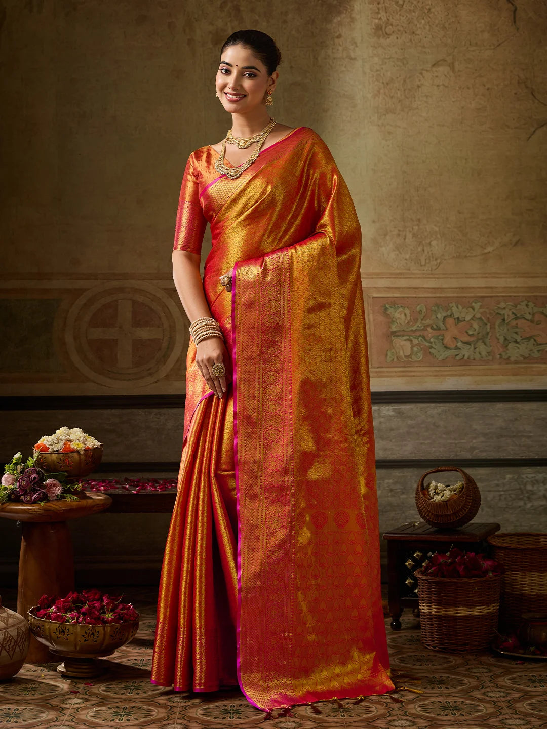Kanchivaram Silk Festival Wear Orange With Weaving Work