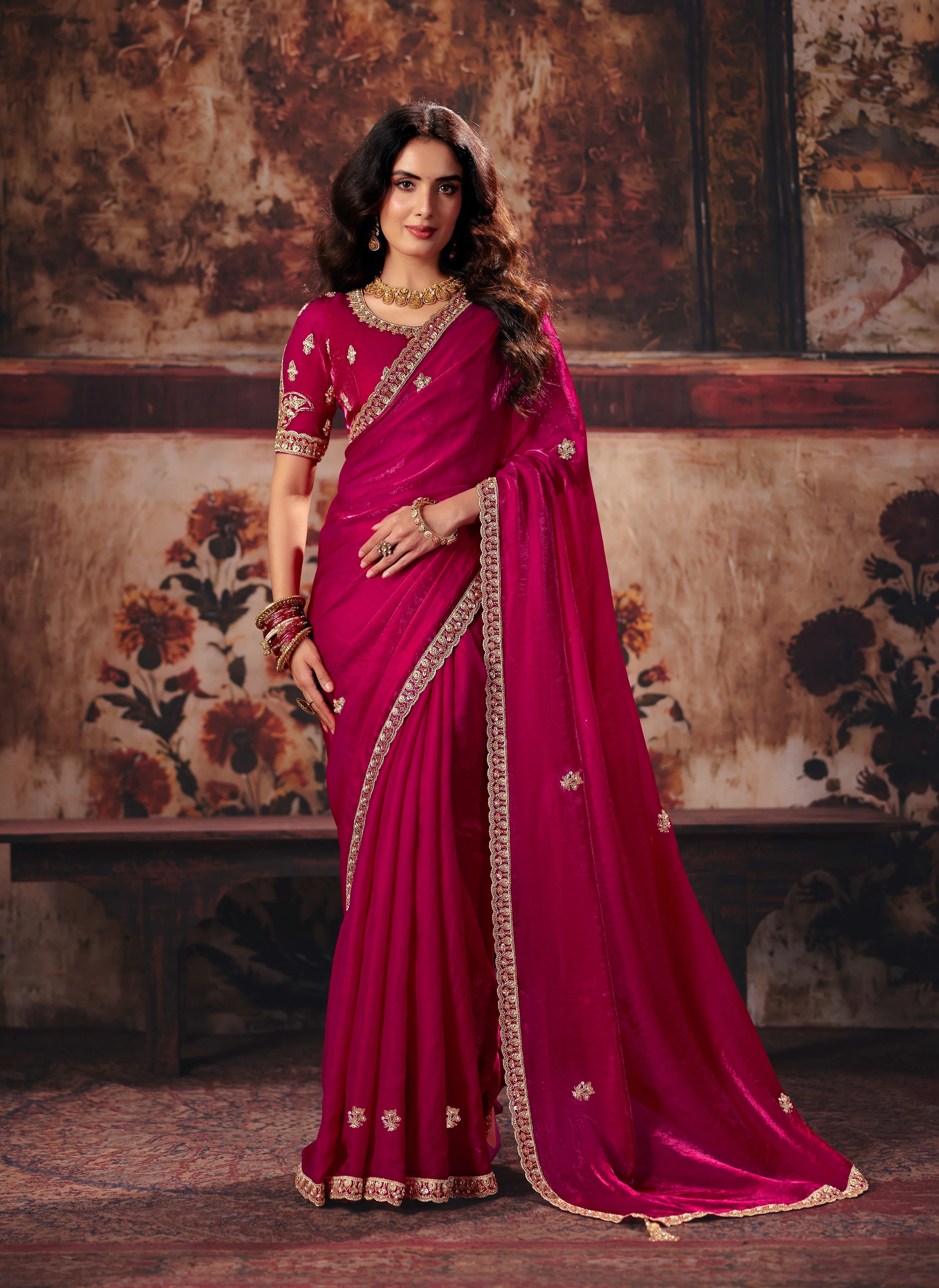 Fendi Satin Party Wear Rani Pink With Handwork Motif Work