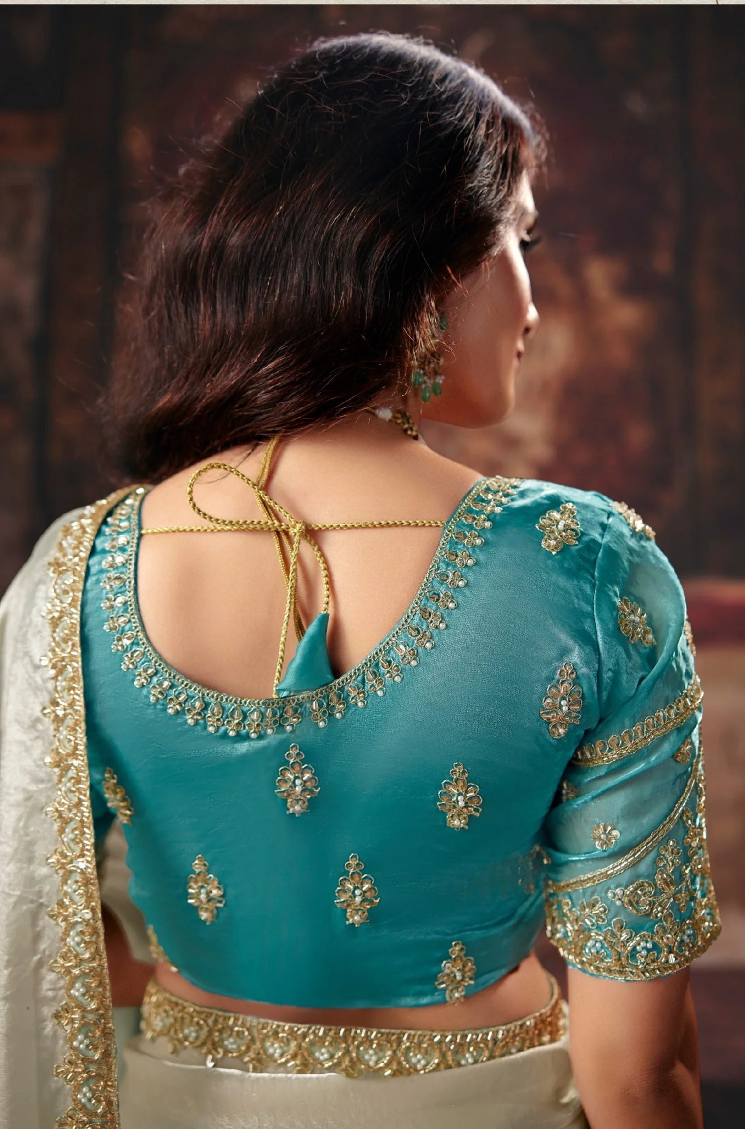 Fendi Satin Party Wear Sky Blue With Handwork Motif Work