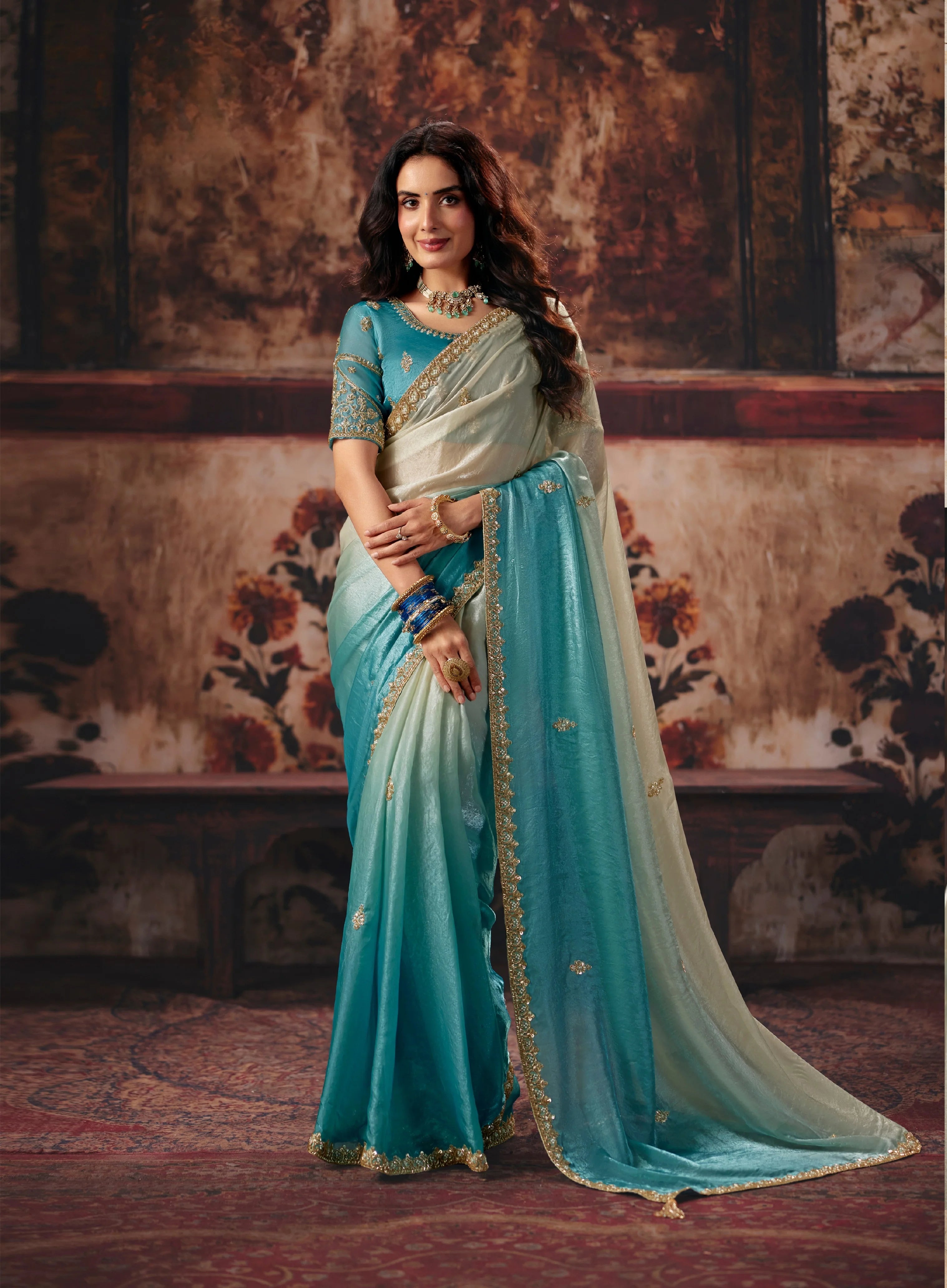 Fendi Satin Party Wear Sky Blue With Handwork Motif Work