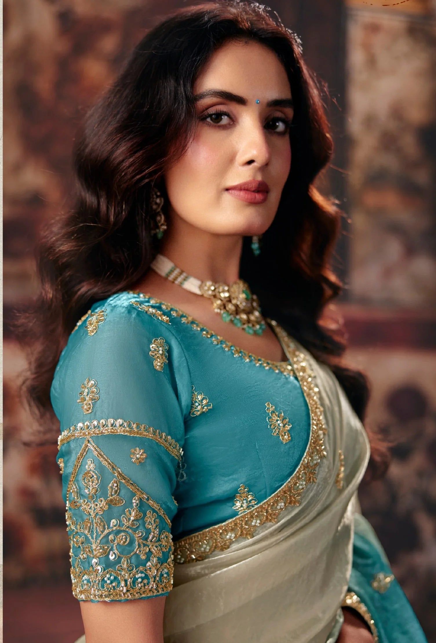 Fendi Satin Party Wear Sky Blue With Handwork Motif Work