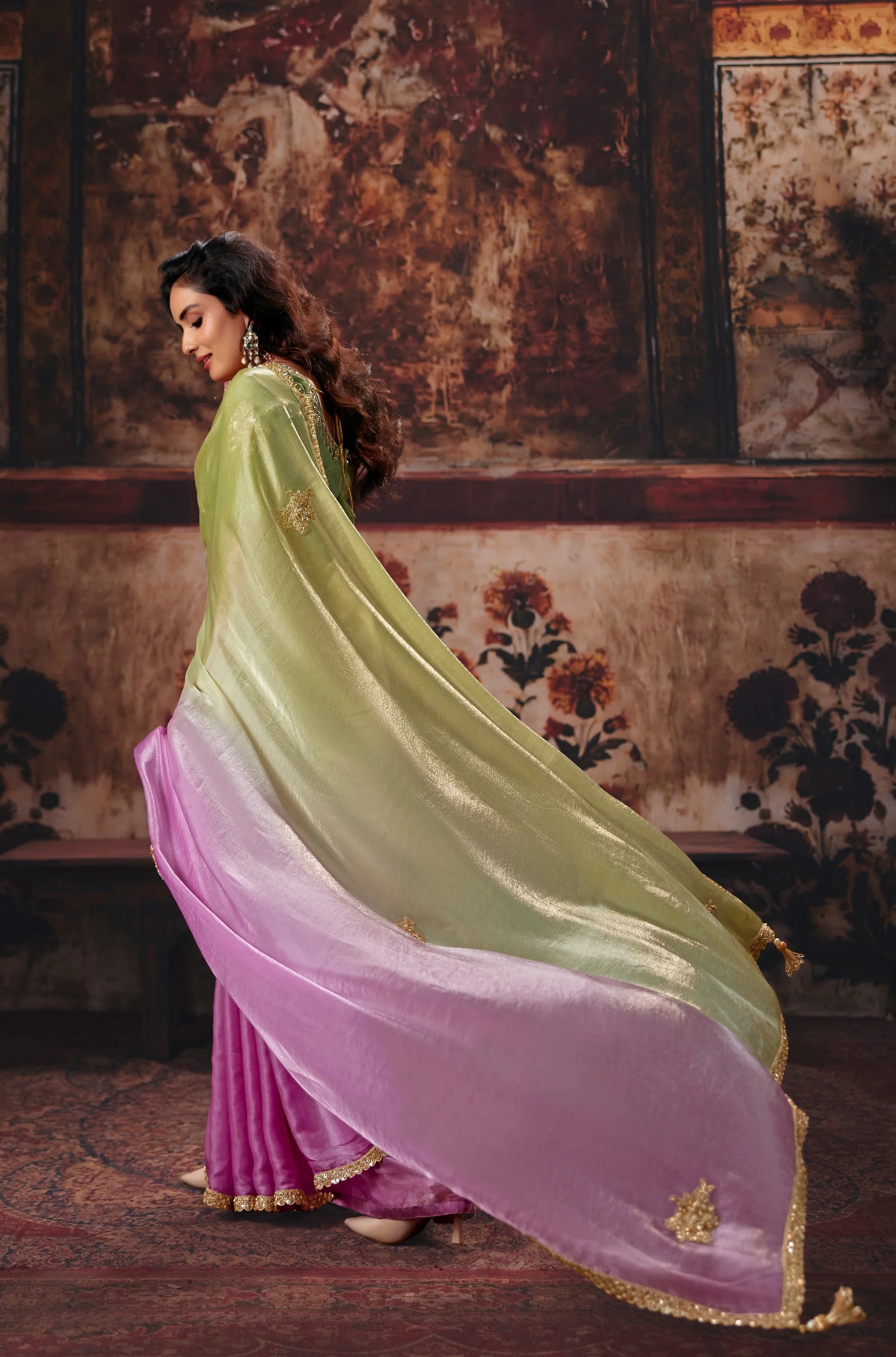 Fendi Satin Party Wear Pink With Handwork Motif Work