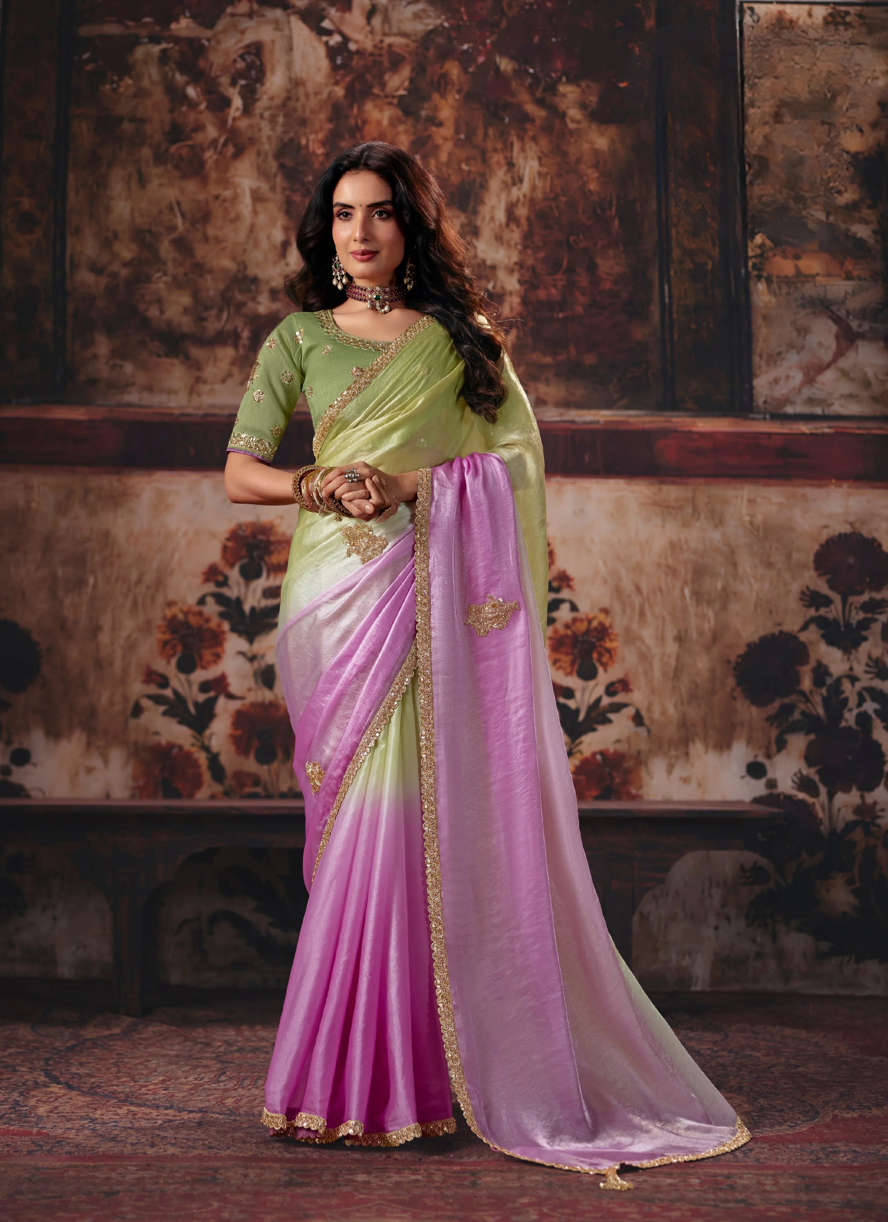 Fendi Satin Party Wear Pink With Handwork Motif Work