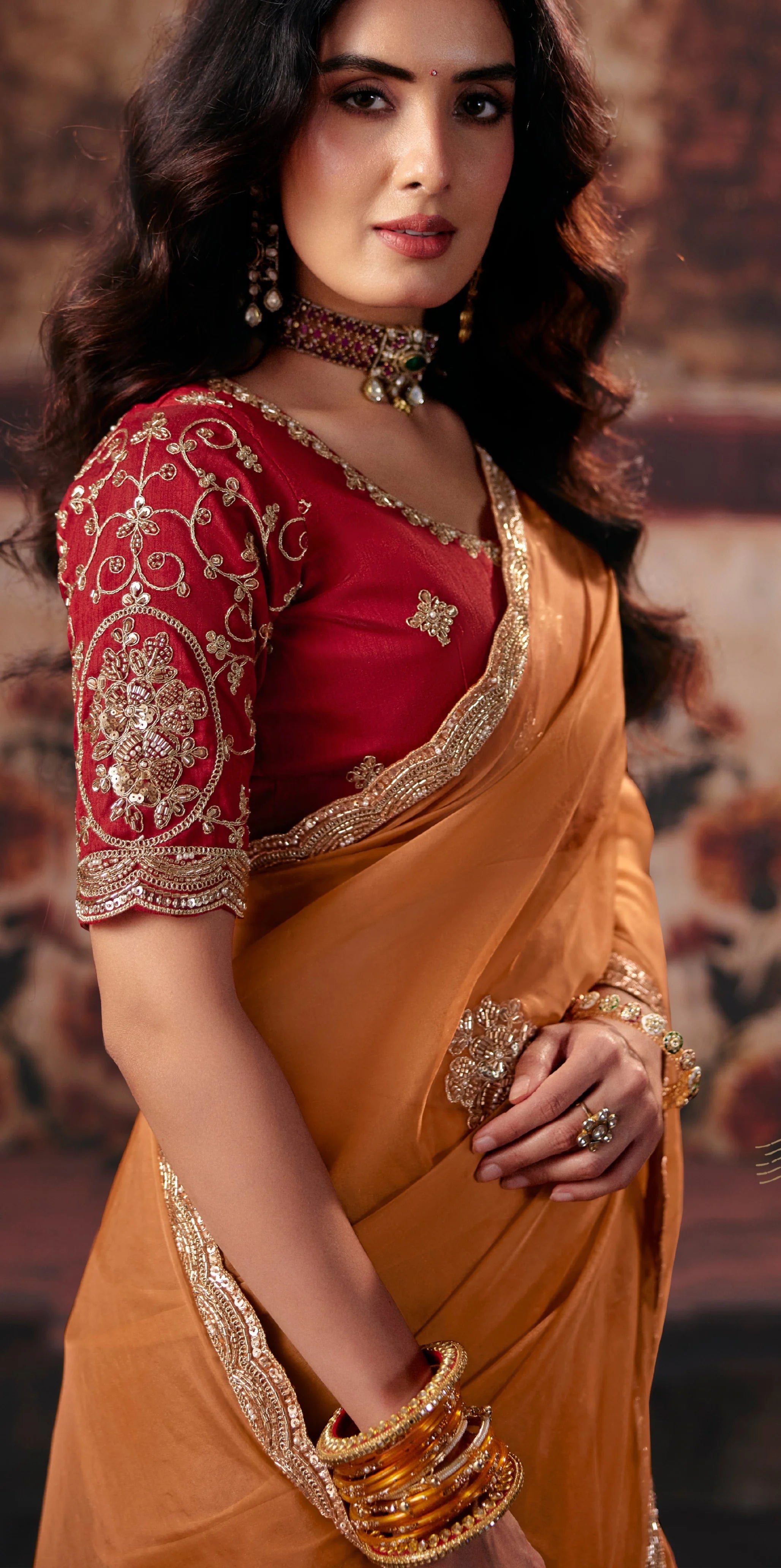 Organza Party Wear Orange With Handwork Motif Work