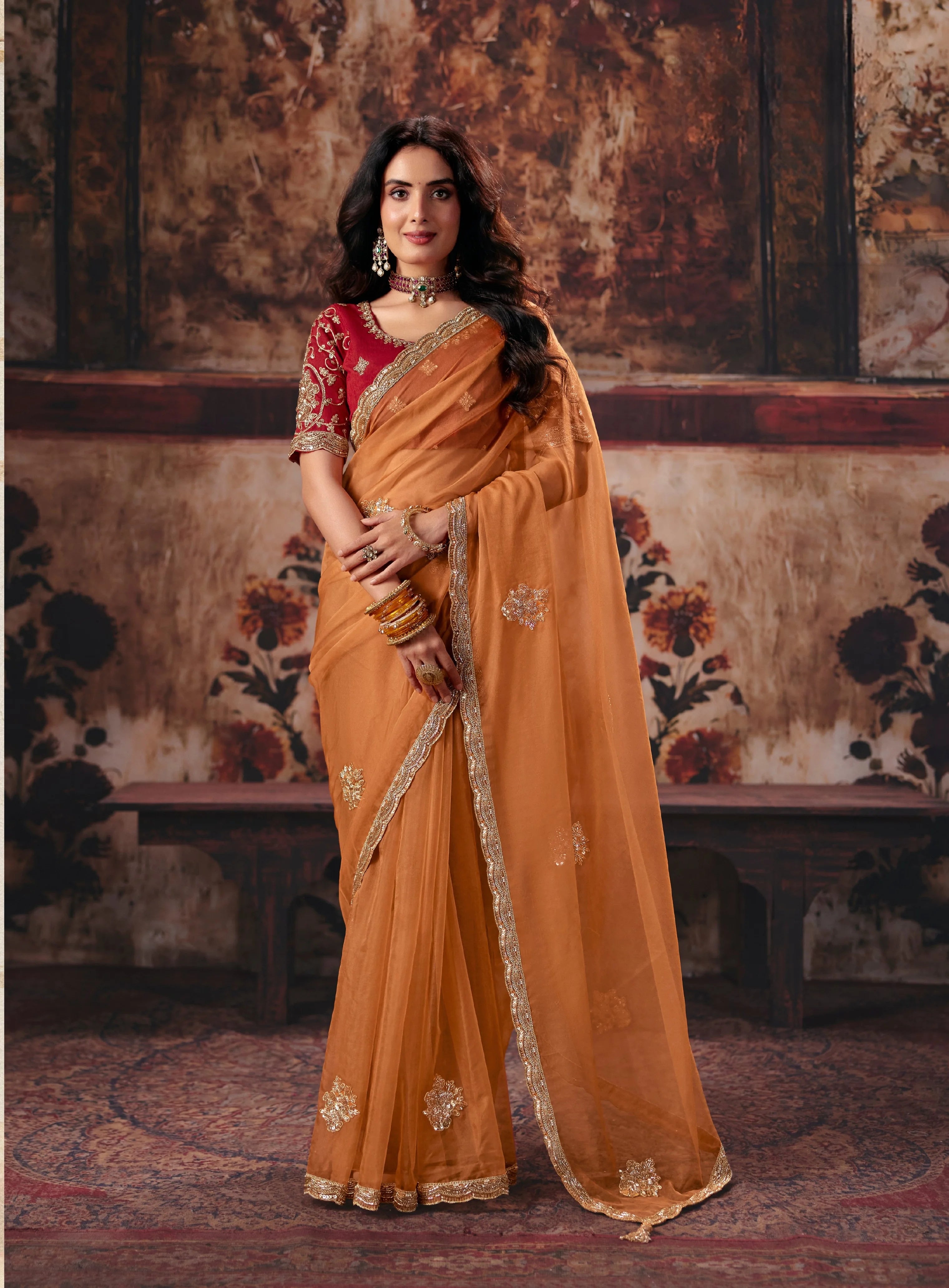 Organza Party Wear Orange With Handwork Motif Work