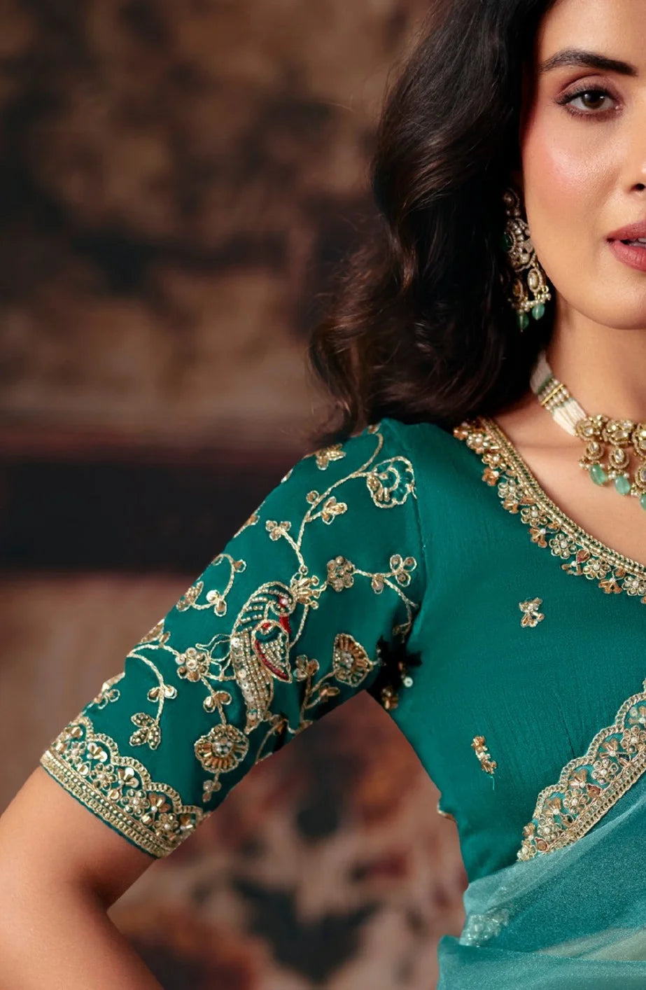 Organza Party Wear Teal With Handwork Motif Work