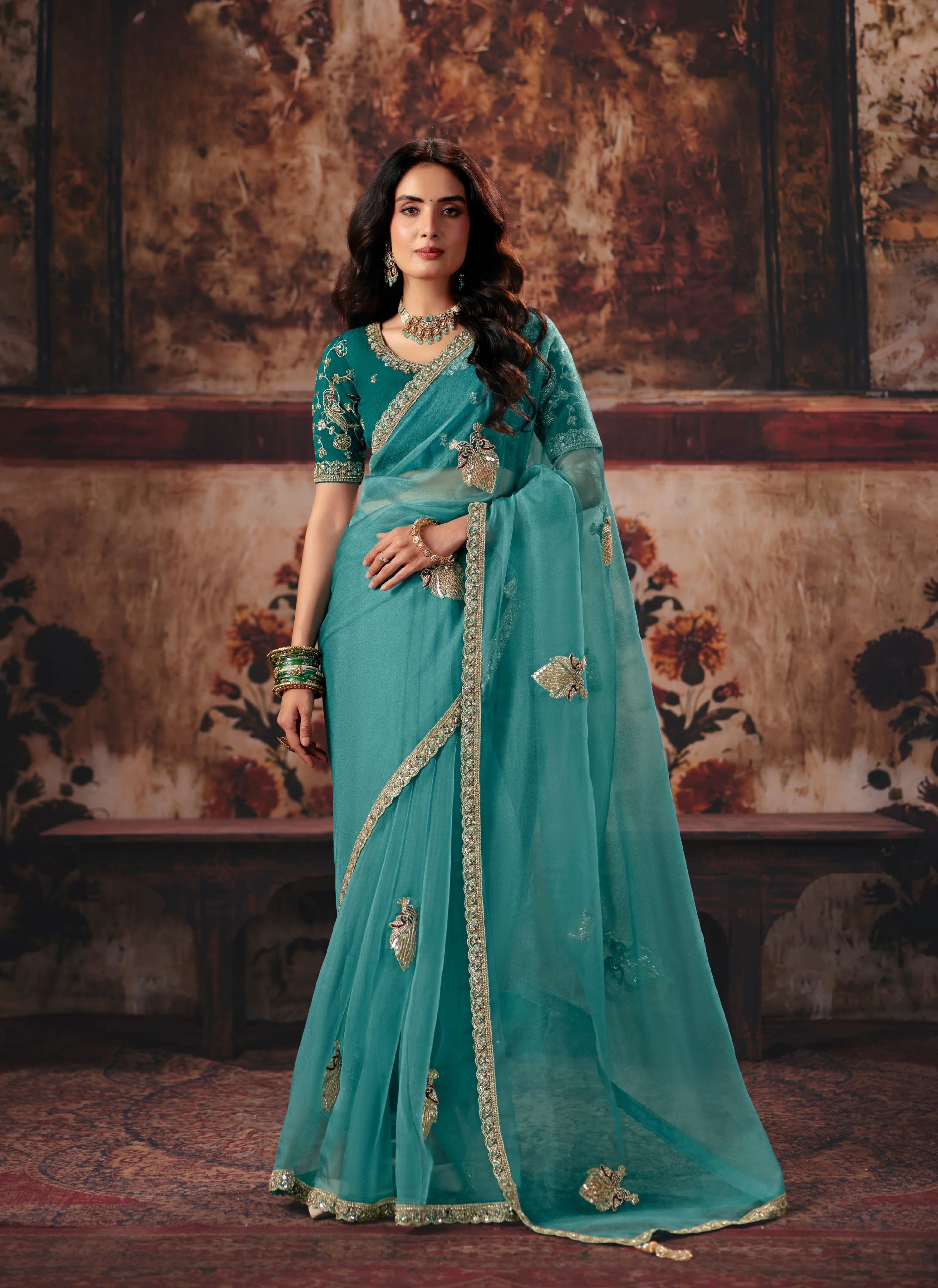 Organza Party Wear Teal With Handwork Motif Work