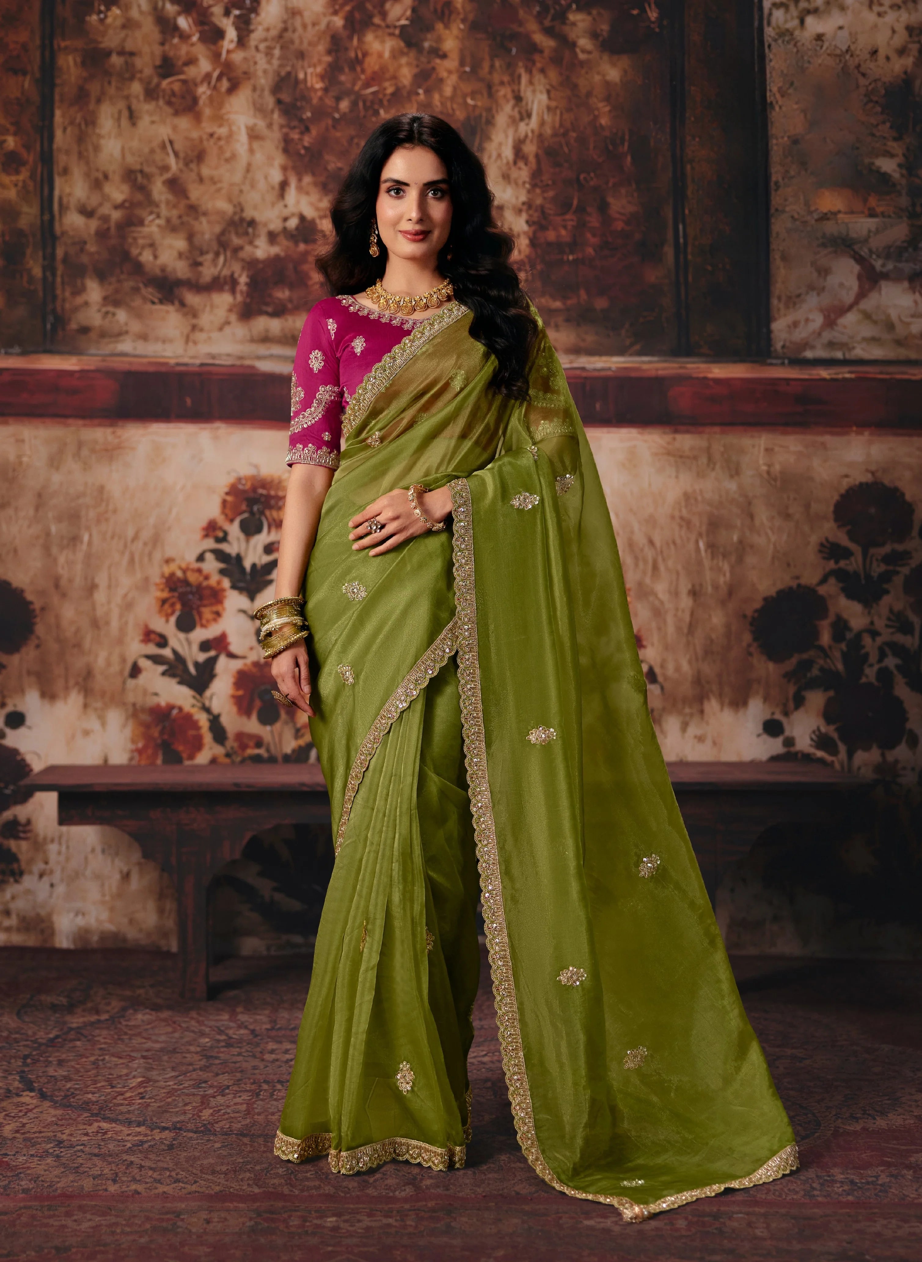Organza Party Wear Green With Handwork Motif Work