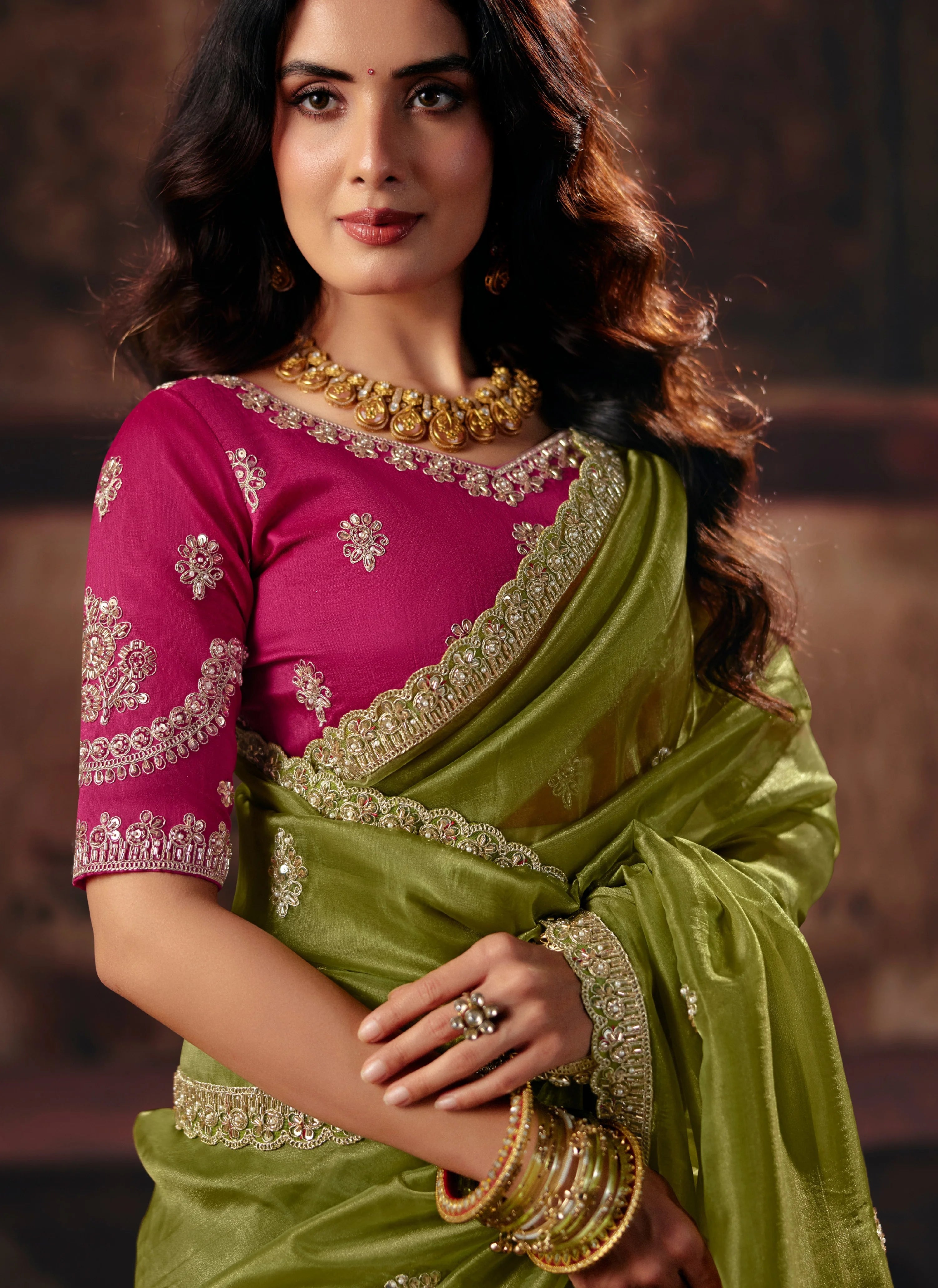 Organza Party Wear Green With Handwork Motif Work