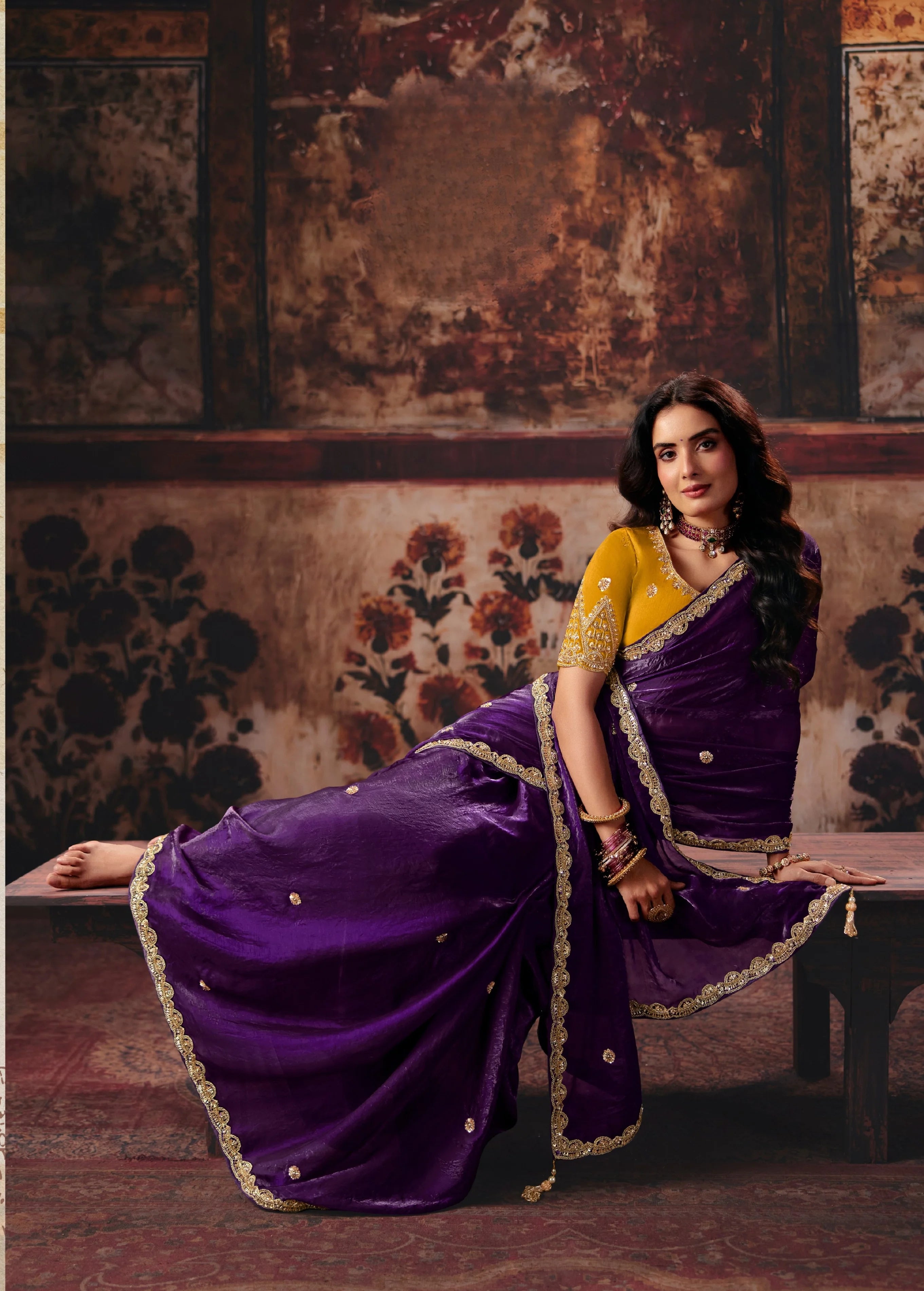Fendi Satin Party Wear Purple With Handwork Motif Work