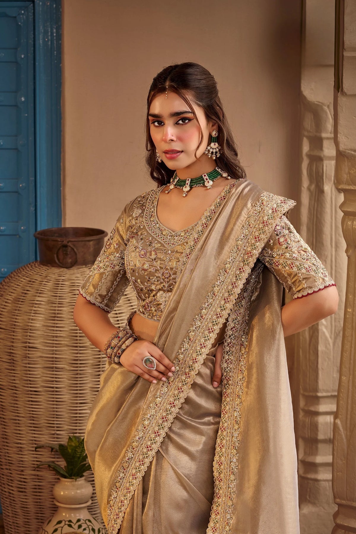 Fancy Based Pure Party Wear Beige With Stitched Blouse Saree