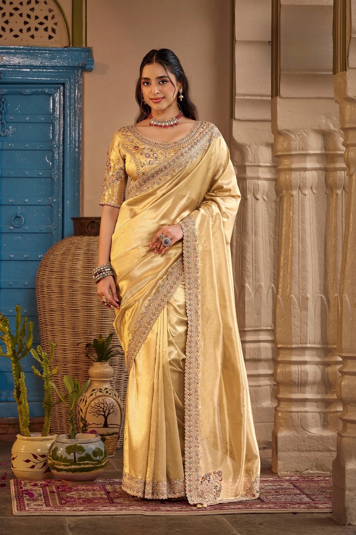 Fancy Based Pure Party Wear Gold With Stitched Blouse Saree