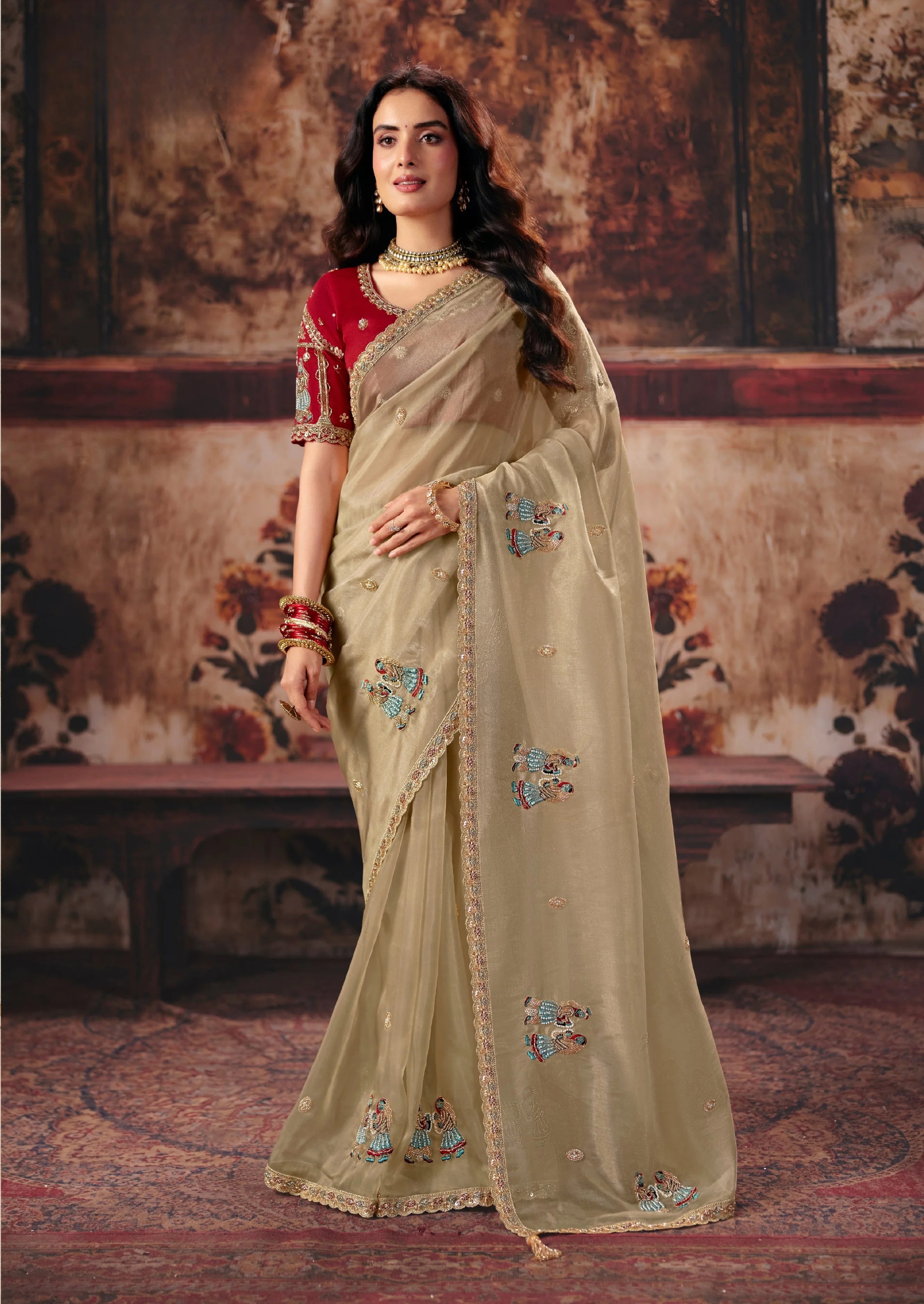 Organza Party Wear Beige With Handwork Motif Work