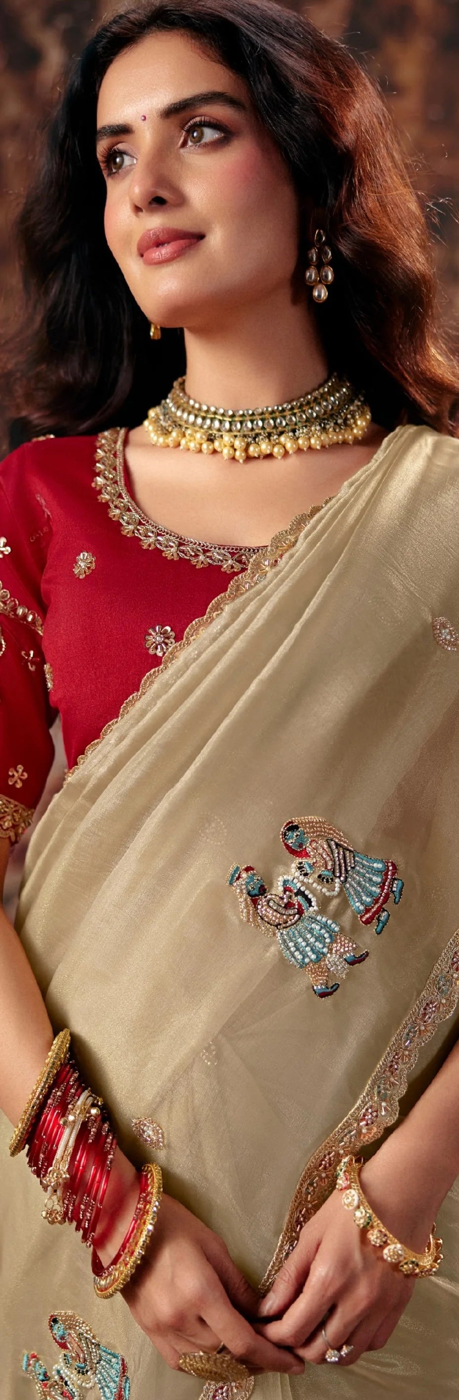Organza Party Wear Beige With Handwork Motif Work