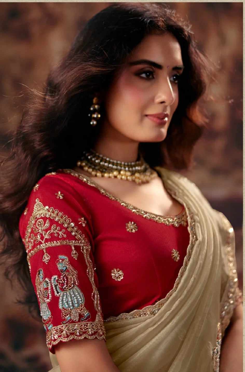 Organza Party Wear Beige With Handwork Motif Work