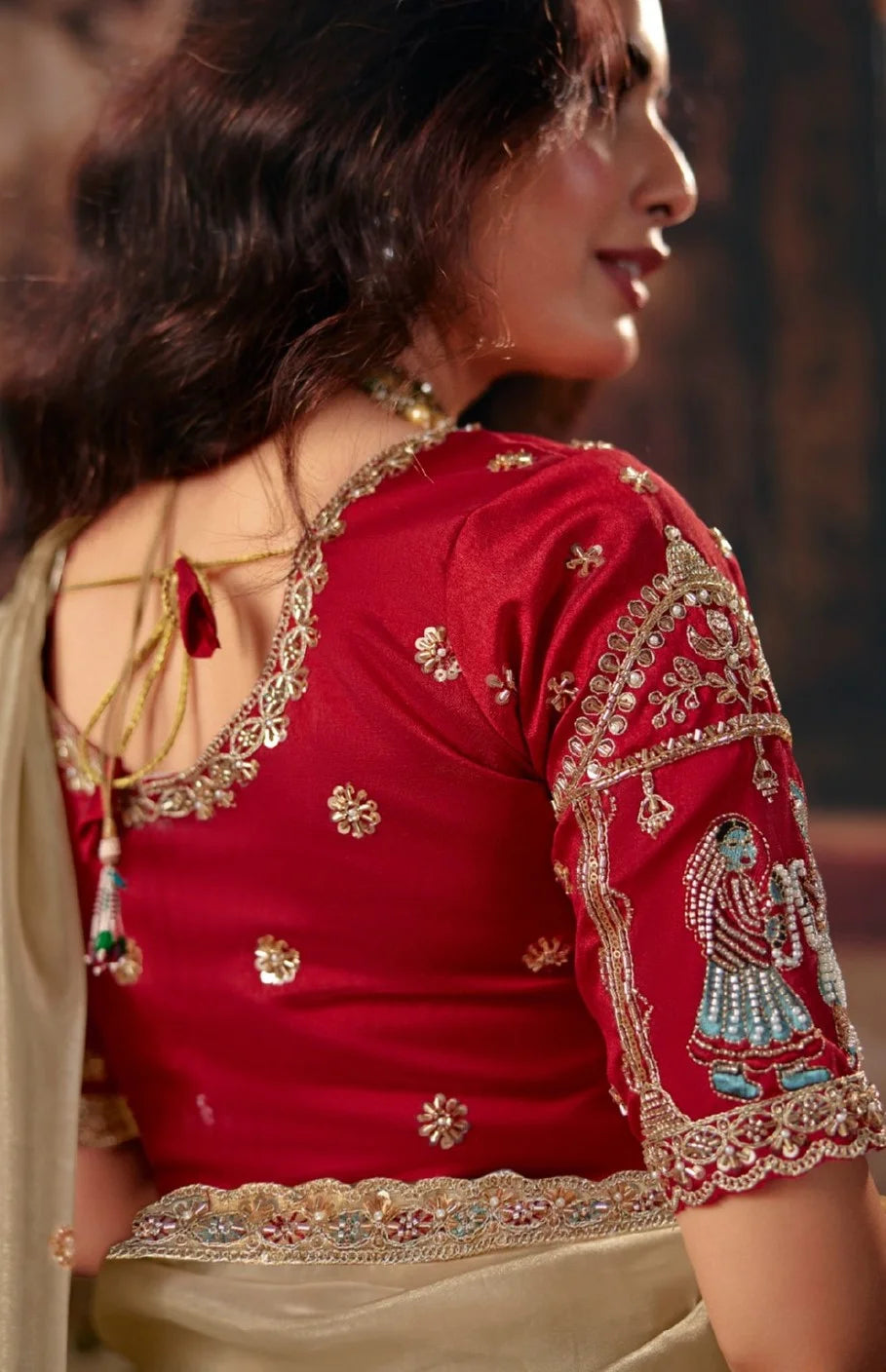 Organza Party Wear Beige With Handwork Motif Work