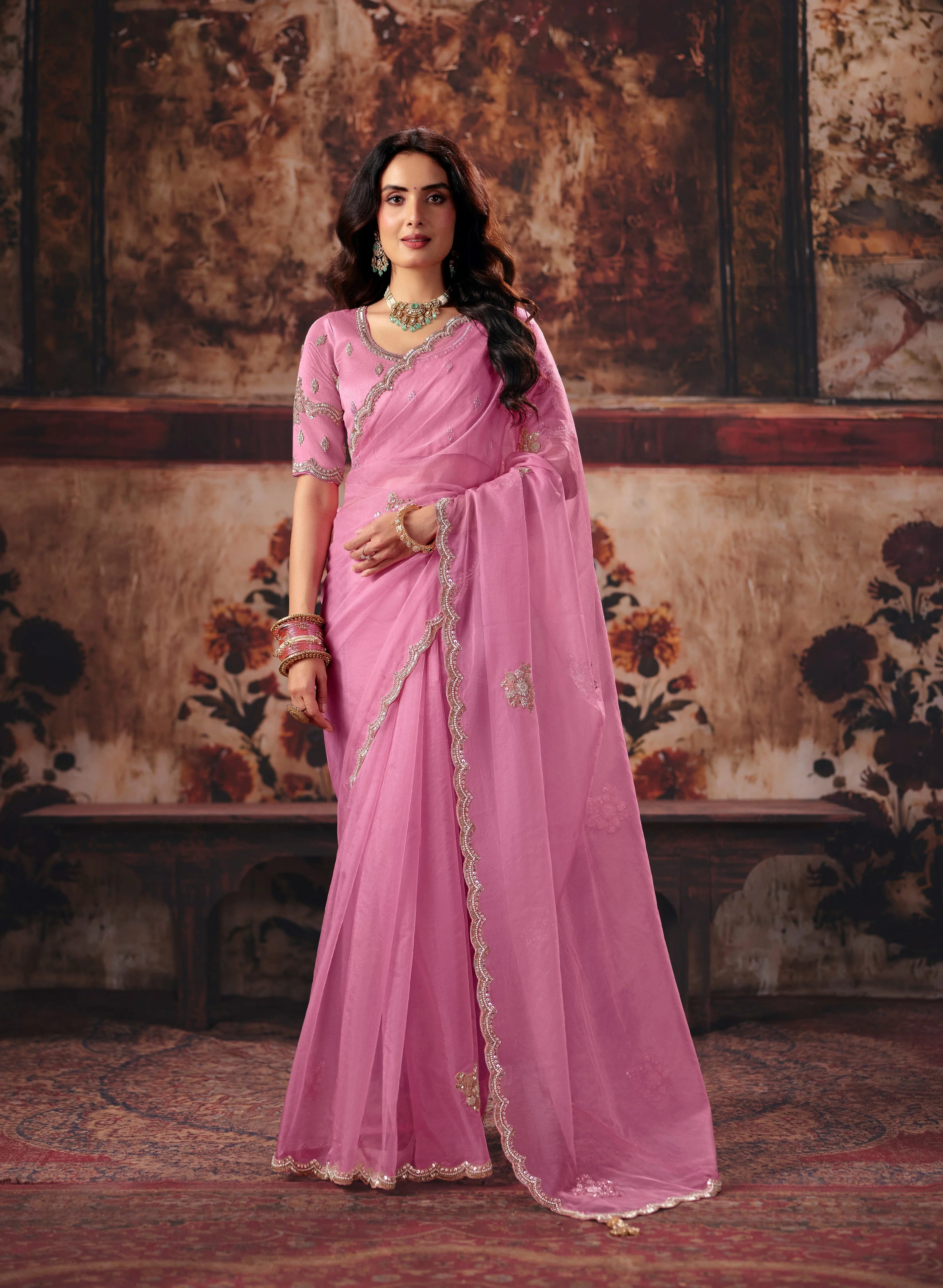 Organza Party Wear Pink With Handwork Motif Work