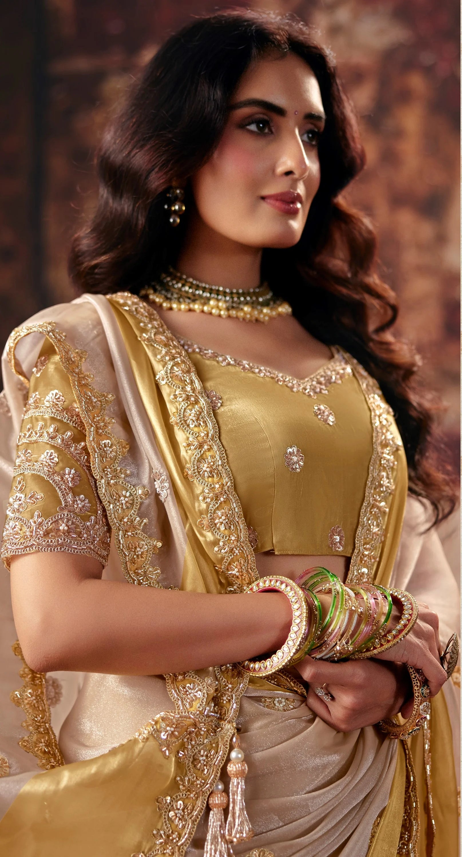 Satin Party Wear Ivory With Handwork Motif Work