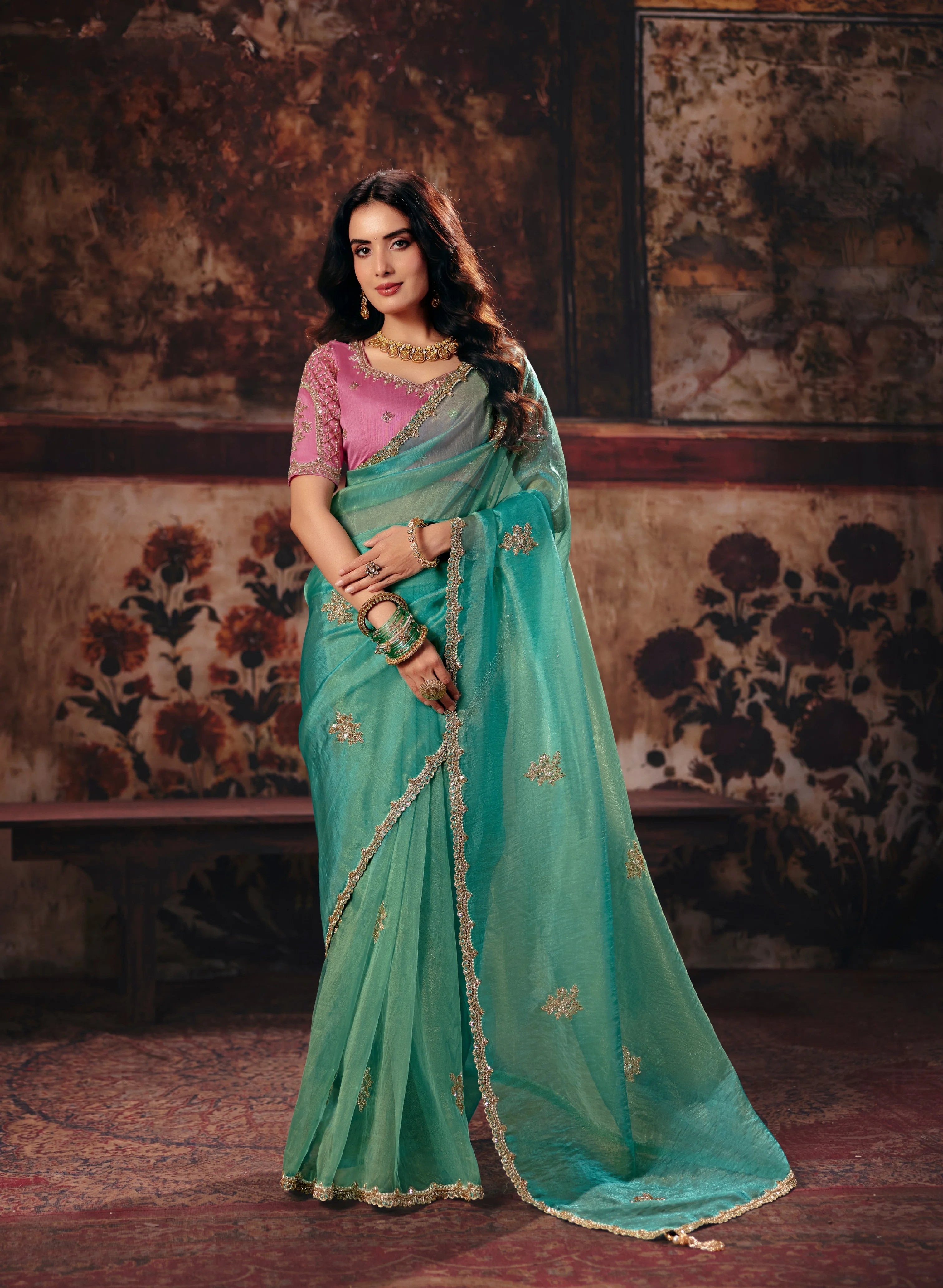 Organza Party Wear Sea Green With Handwork Motif Work