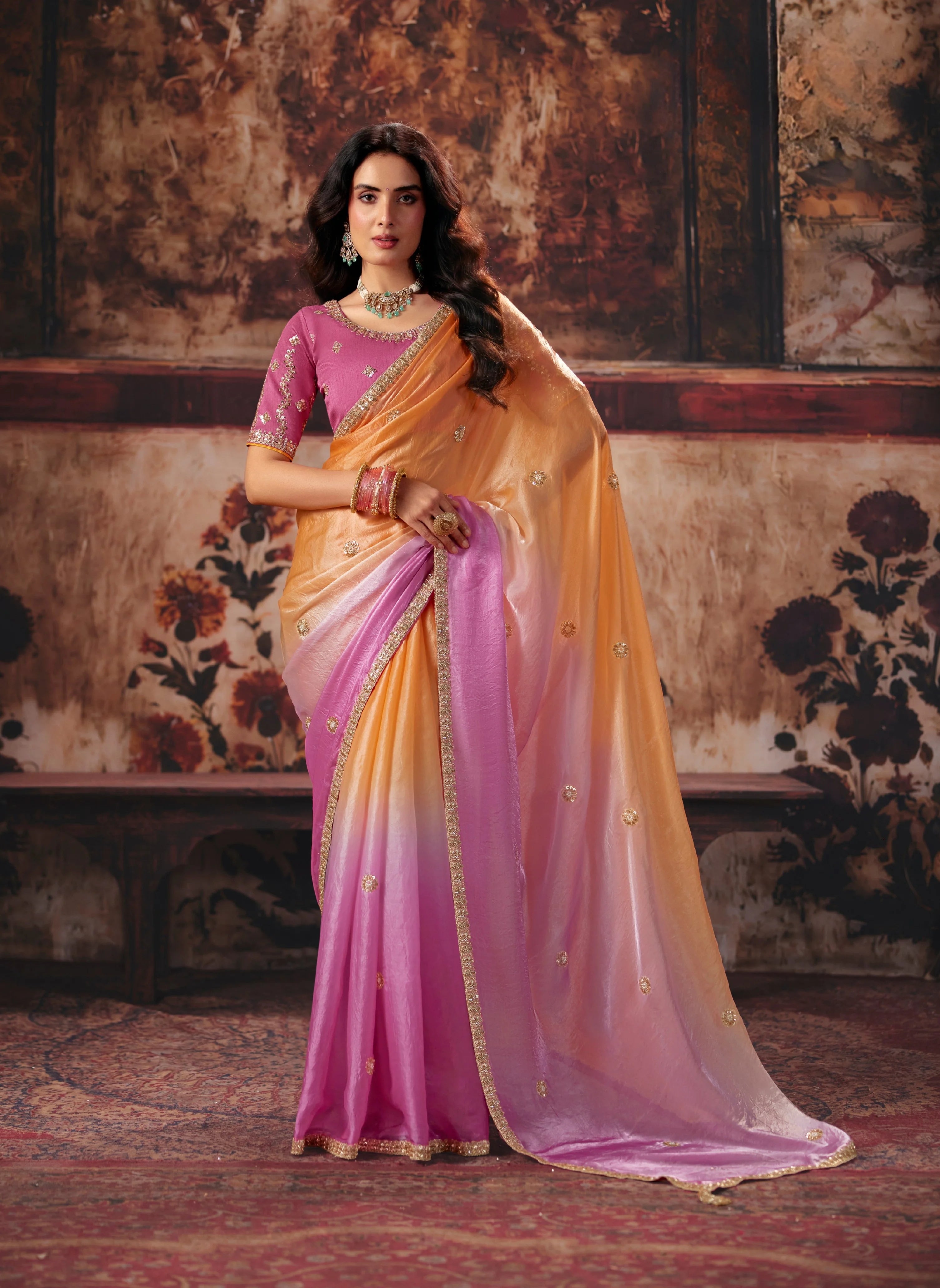 Fendi Satin Party Wear Multicolor With Motif Work