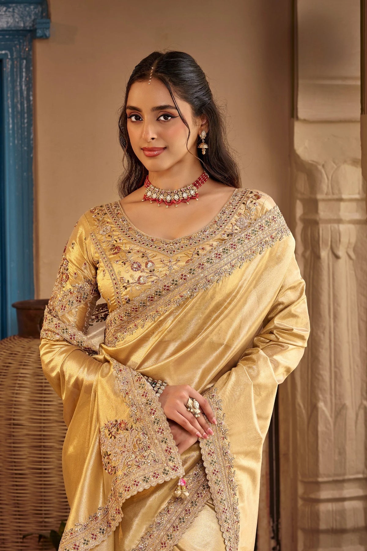 Fancy Based Pure Party Wear Gold With Stitched Blouse Saree