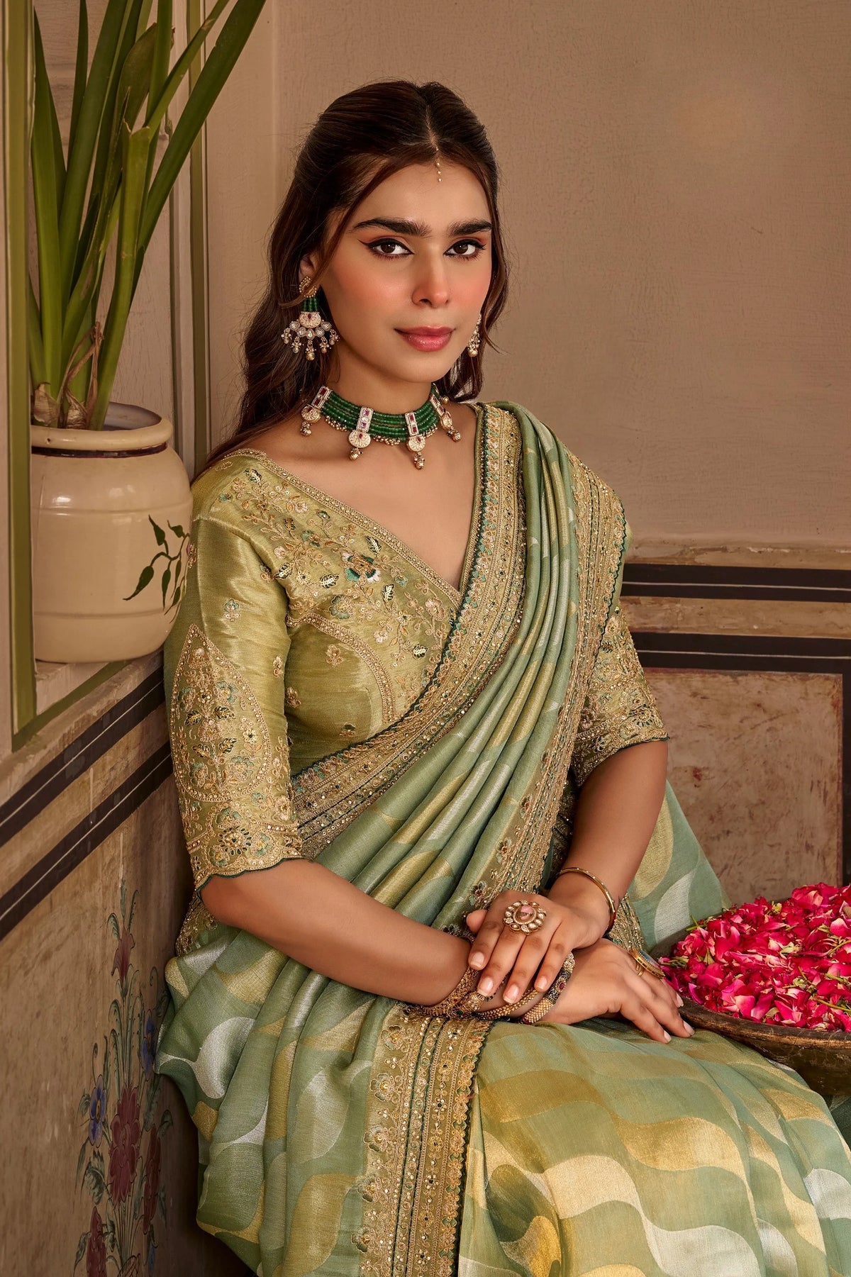Fancy Based Pure Party Wear Pista With Stitched Blouse Saree