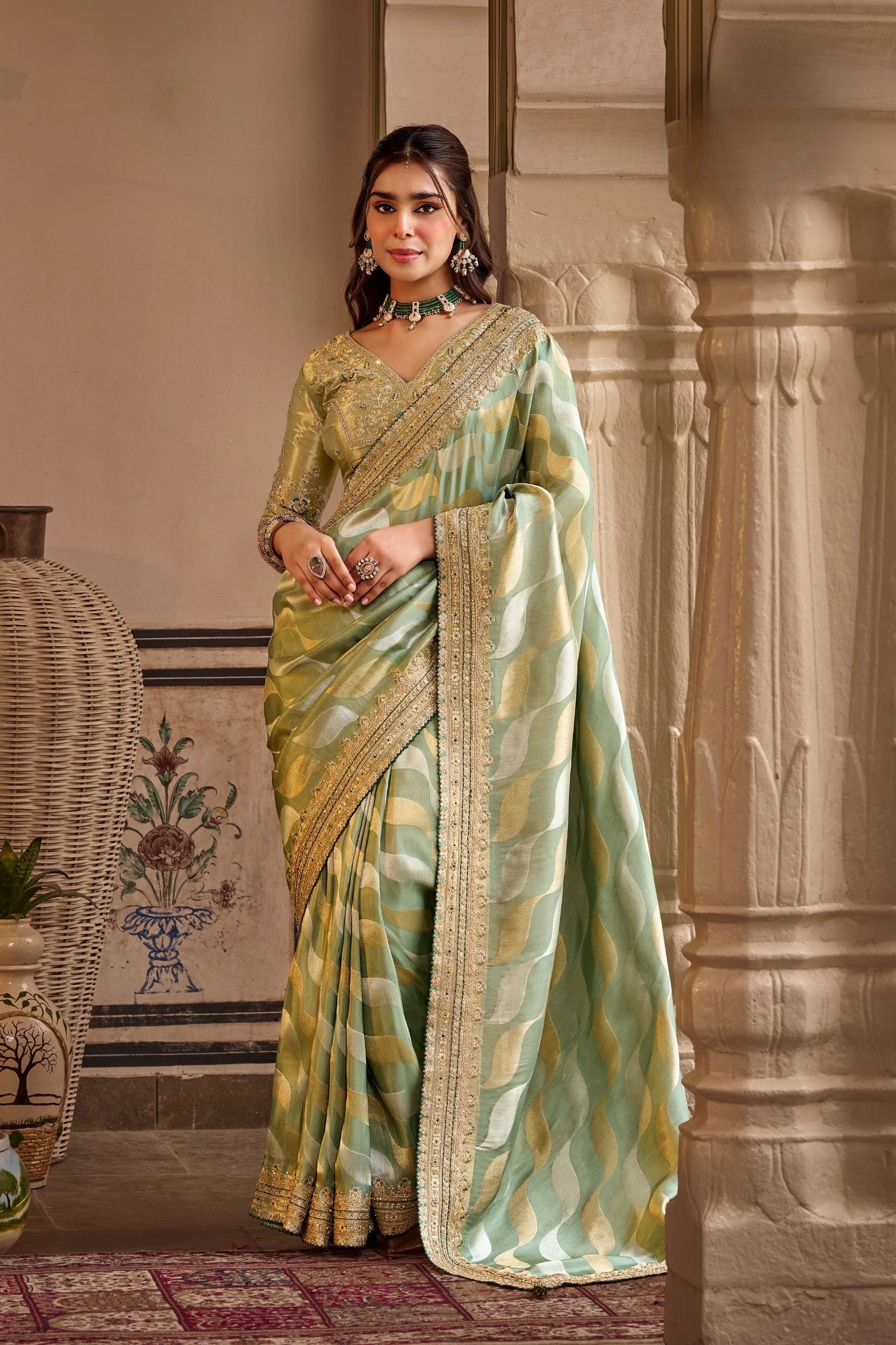 Fancy Based Pure Party Wear Pista With Stitched Blouse Saree