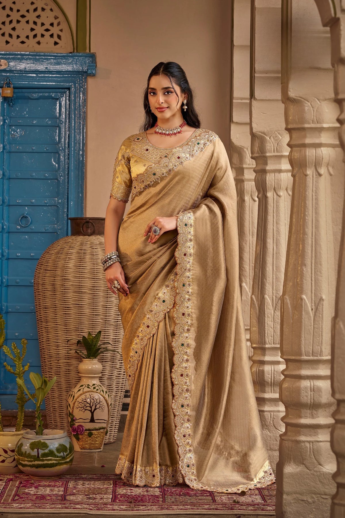 Fancy Based Pure Party Wear Golden With Stitched Blouse Saree