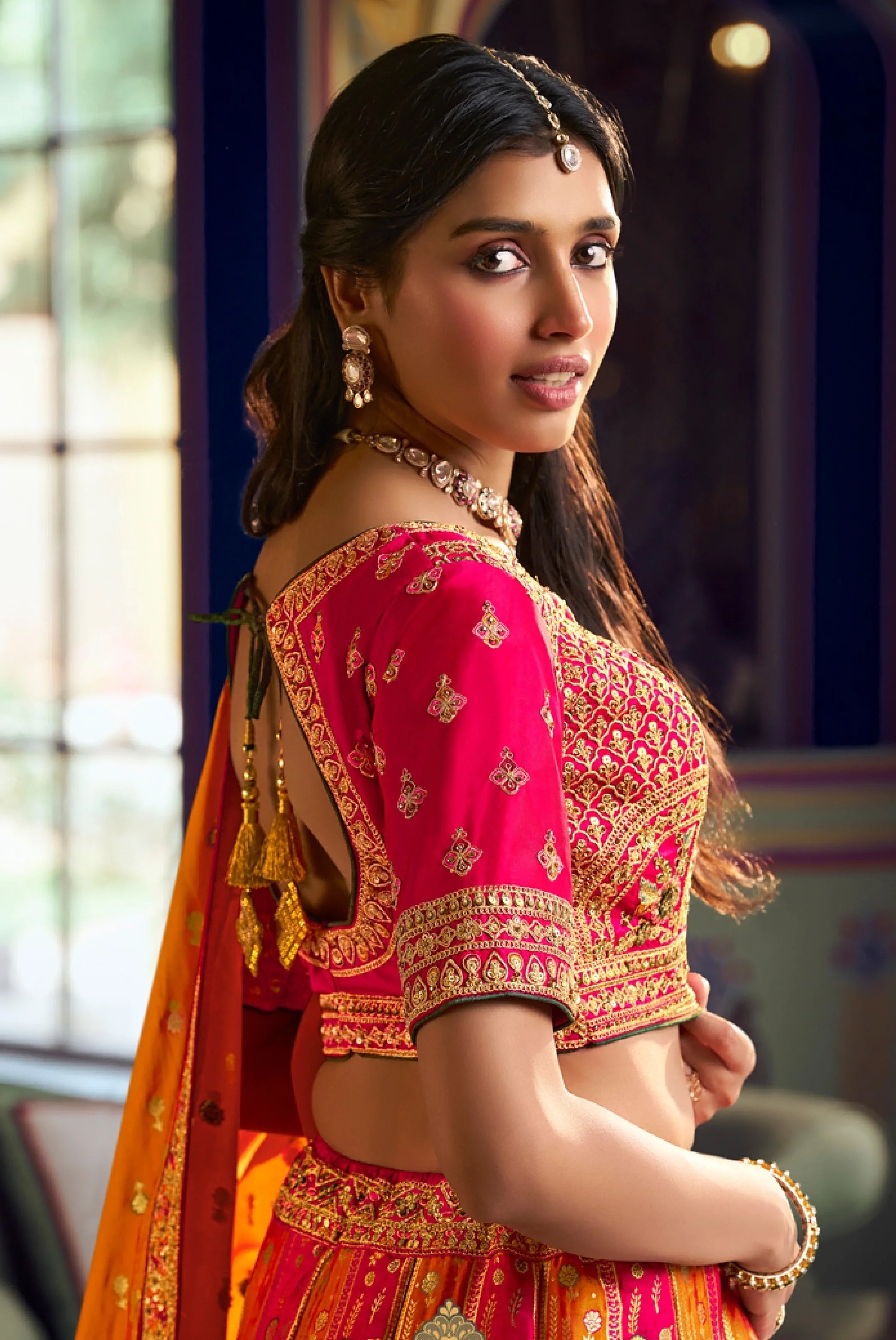 Banarasi Silk Wedding Wear Pink Mustard With Embroidery Work
