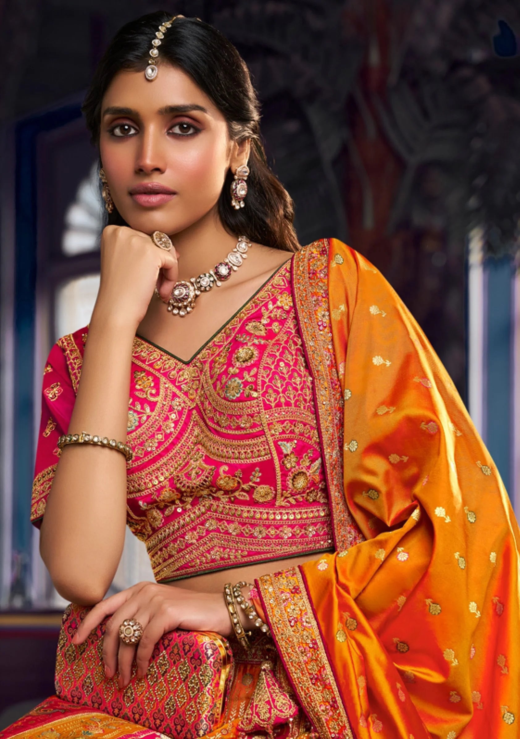 Banarasi Silk Wedding Wear Pink Mustard With Embroidery Work