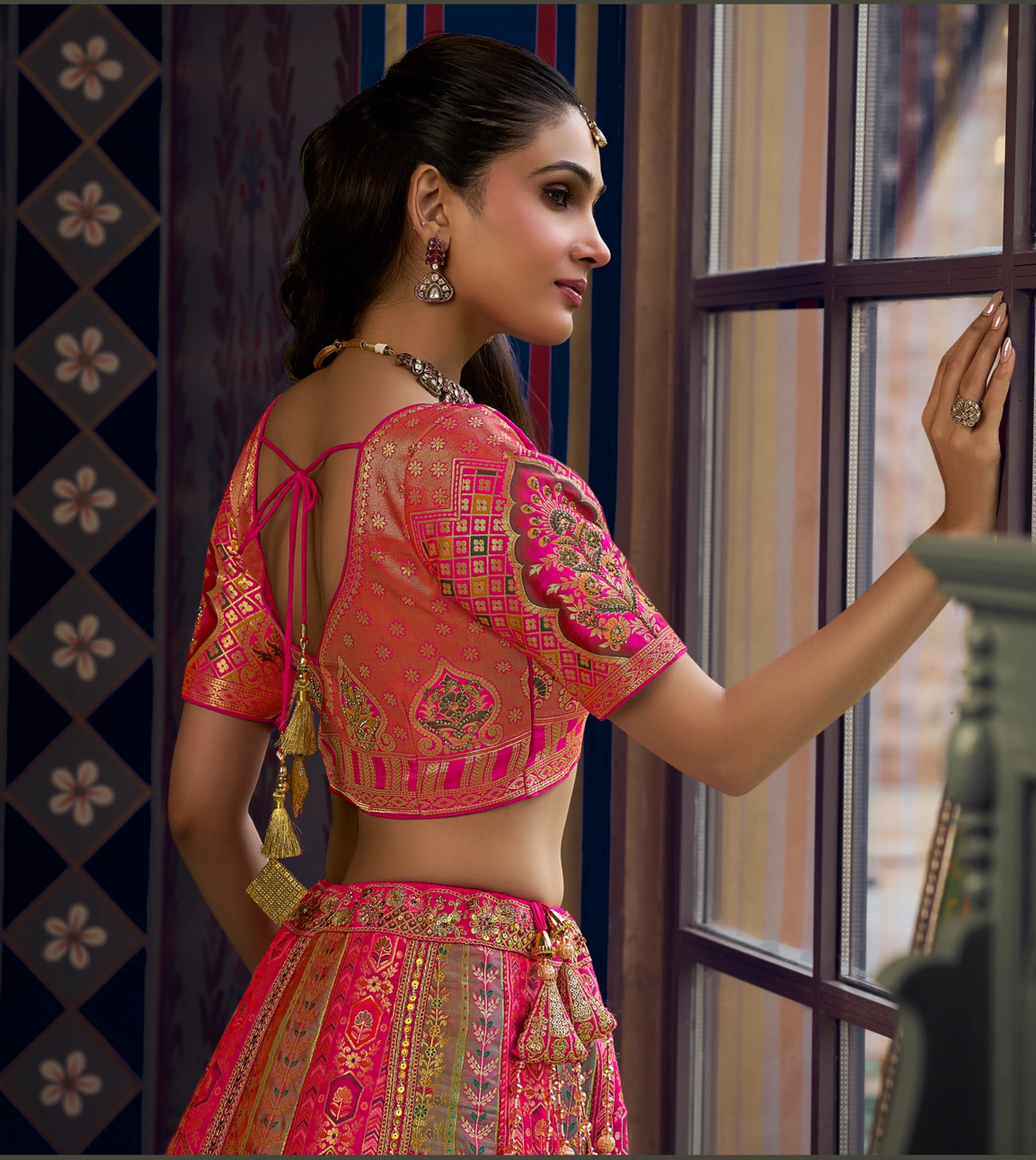 Banarasi Silk Wedding Wear Pink Olive With Embroidery Work