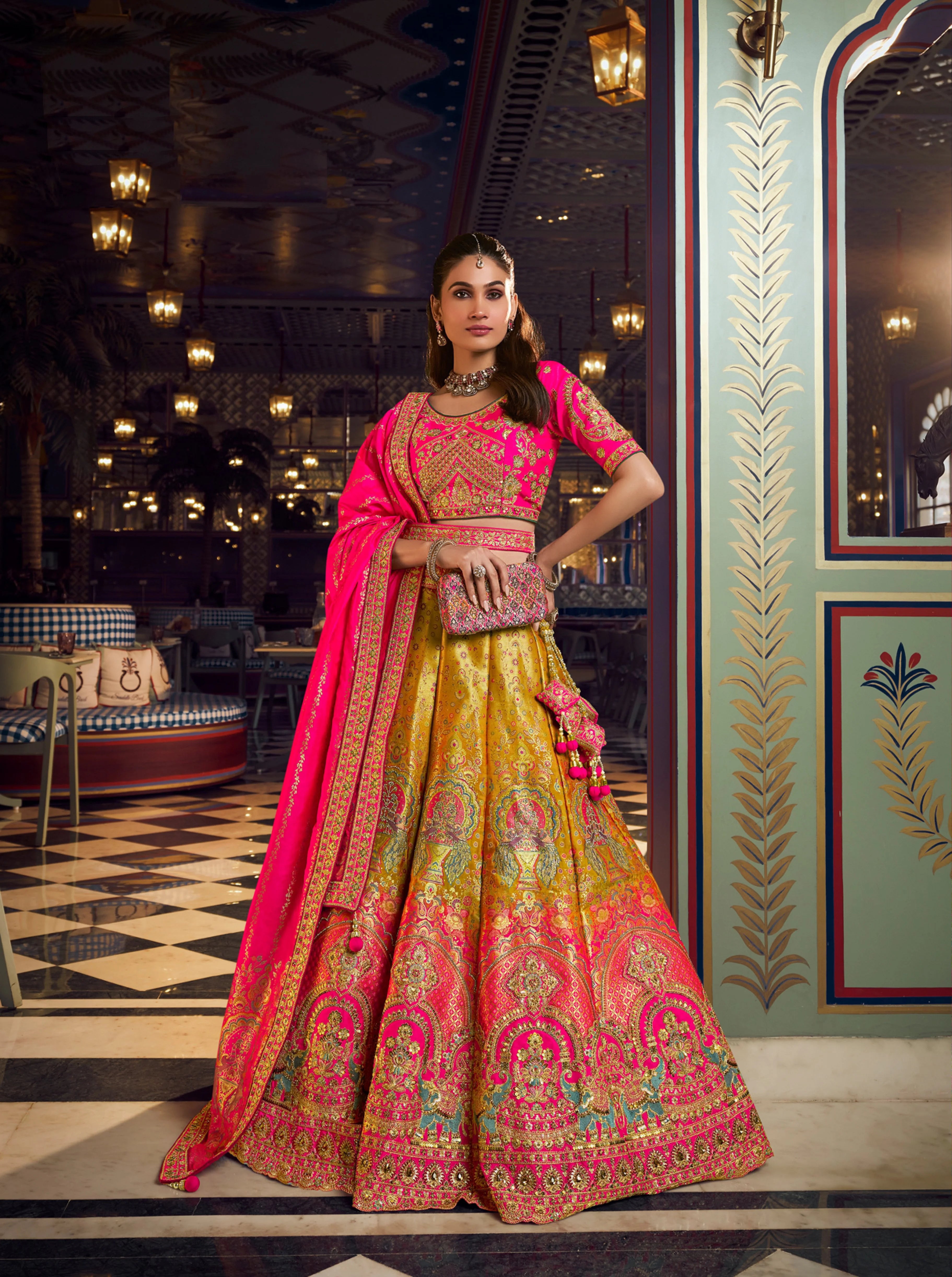 Banarasi Silk Wedding Wear Mustard Pink With Embroidery Work