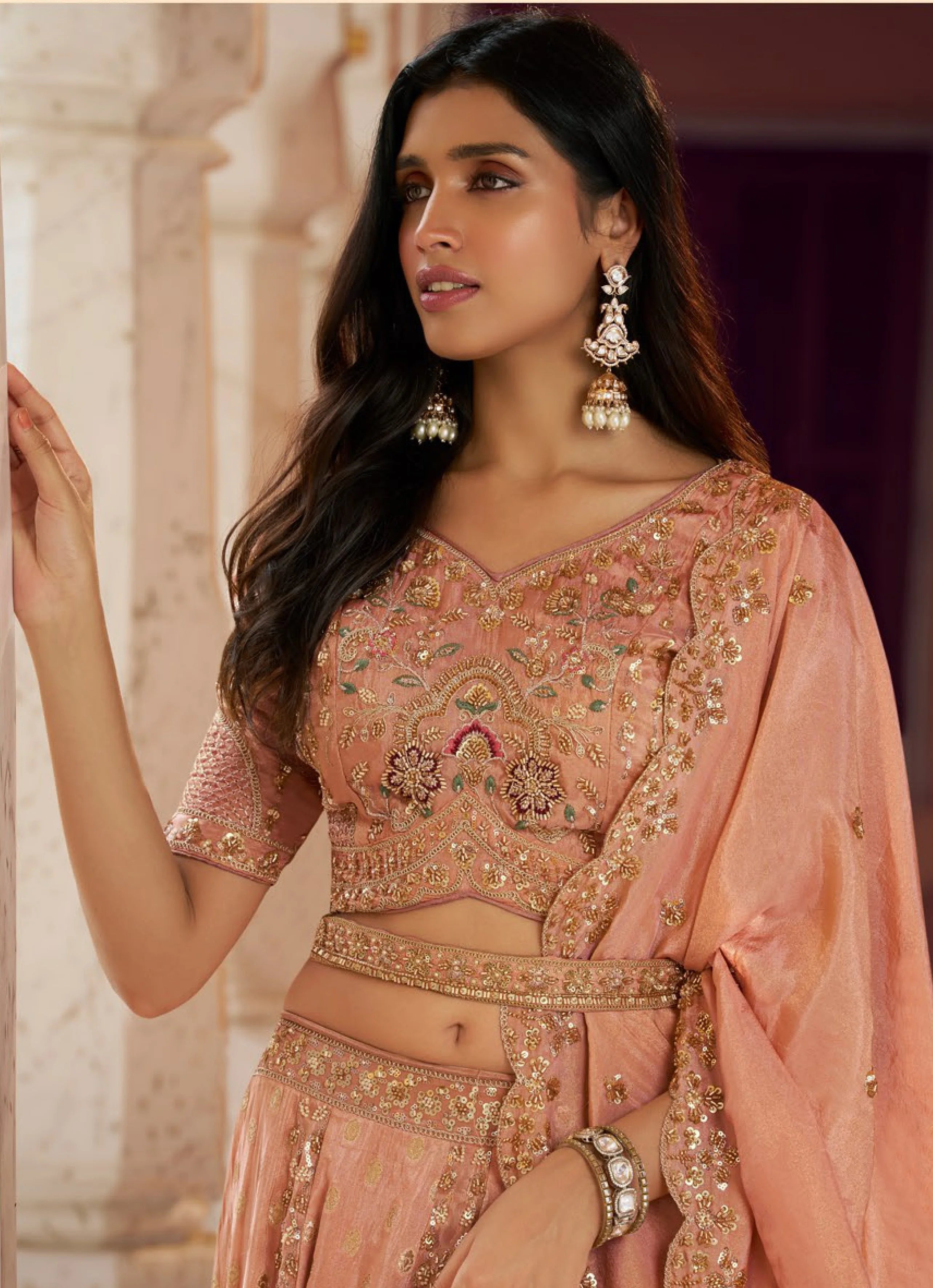 Banarasi Silk Wedding Wear Orange With Bread Work Lehenga