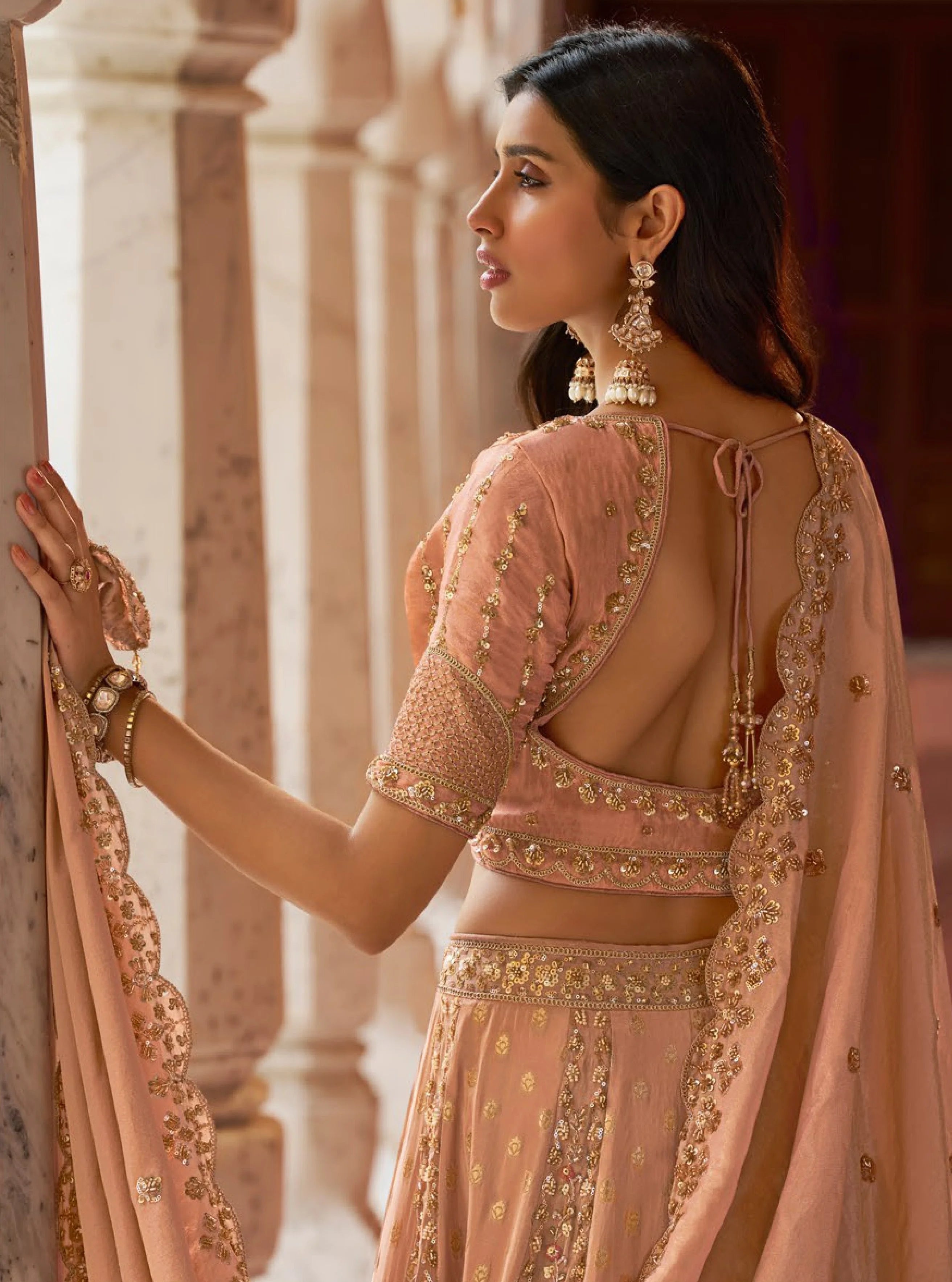 Banarasi Silk Wedding Wear Orange With Bread Work Lehenga