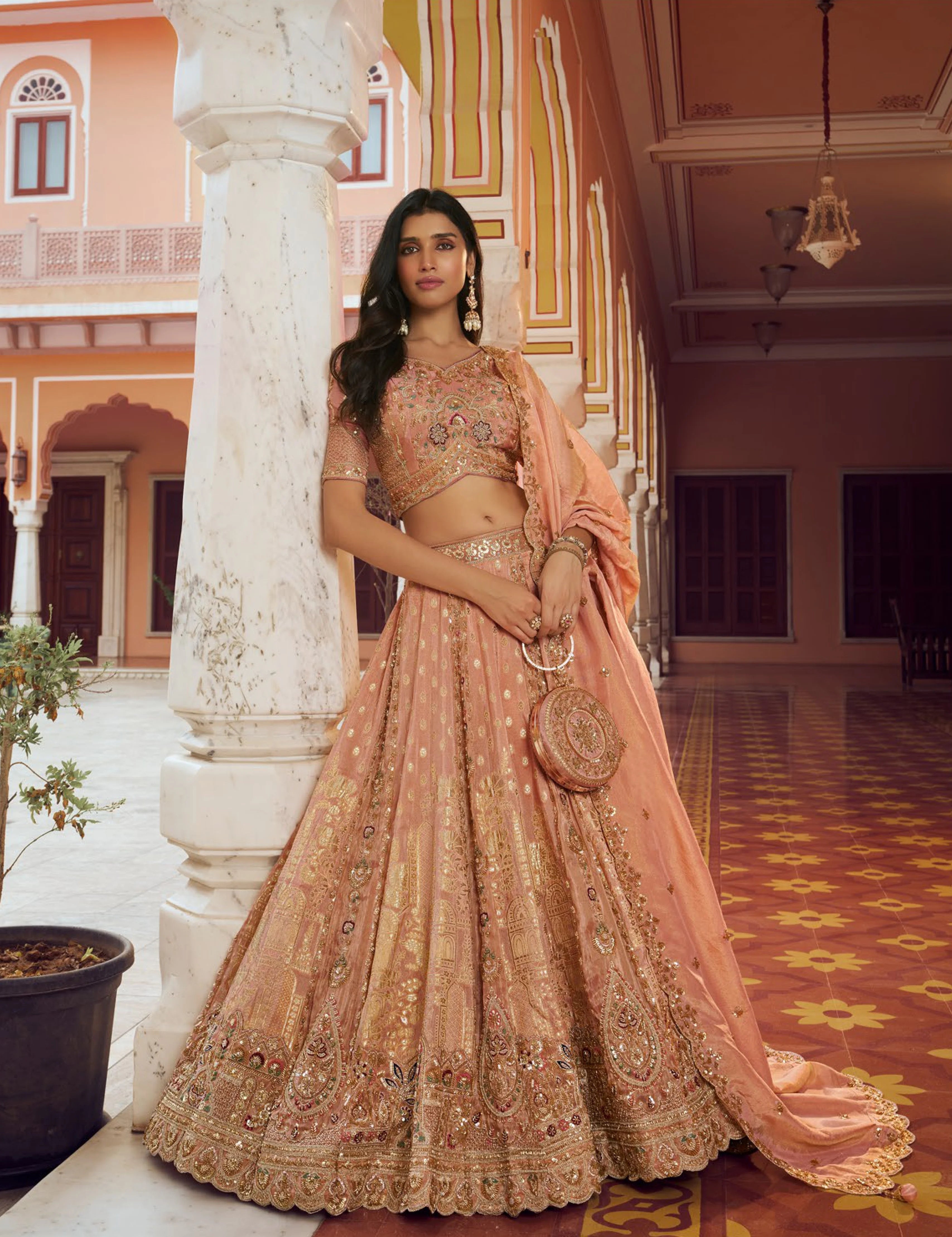 Banarasi Silk Wedding Wear Orange With Bread Work Lehenga