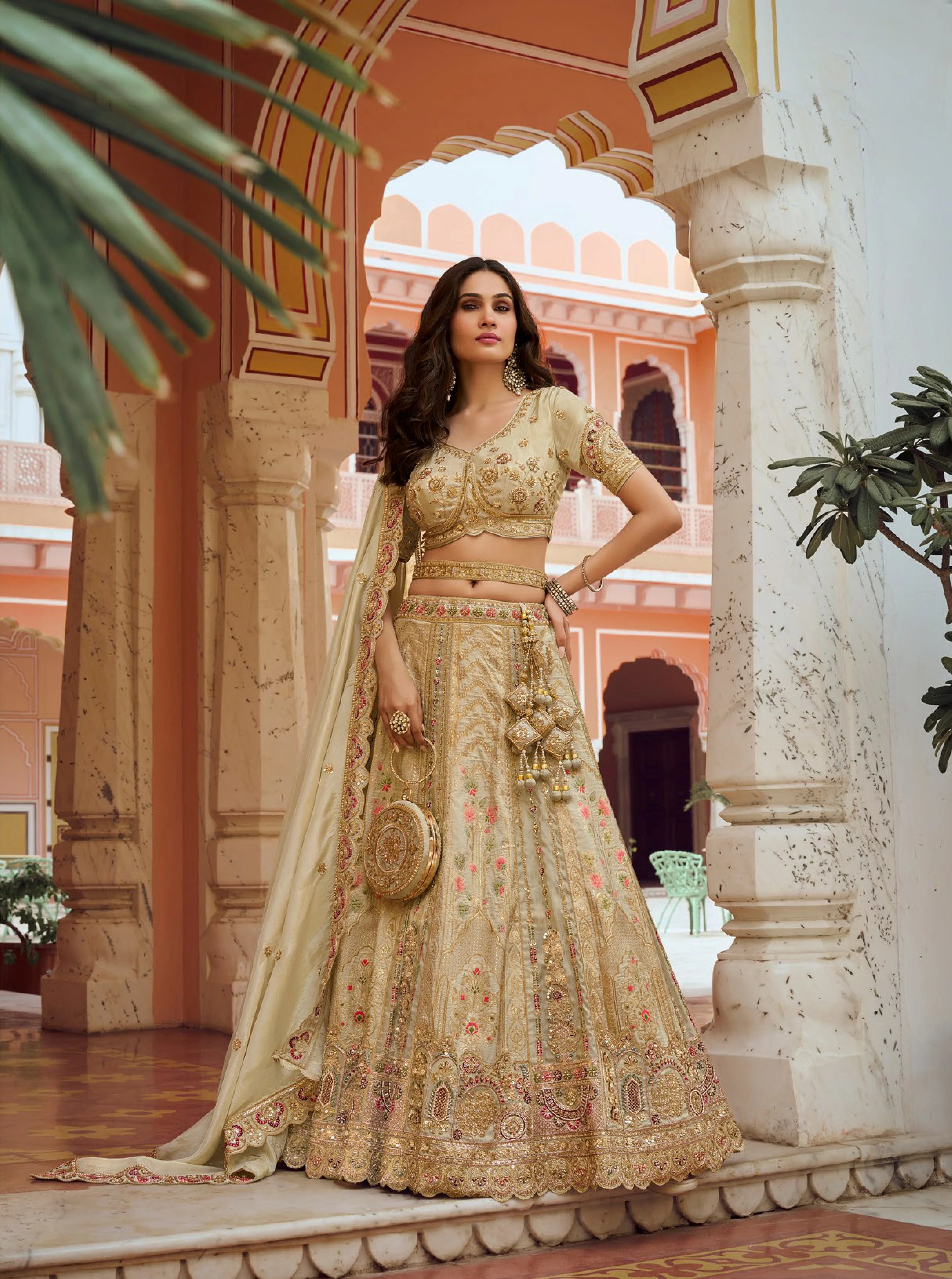Banarasi Silk Wedding Wear Beige With Bread Work Lehenga