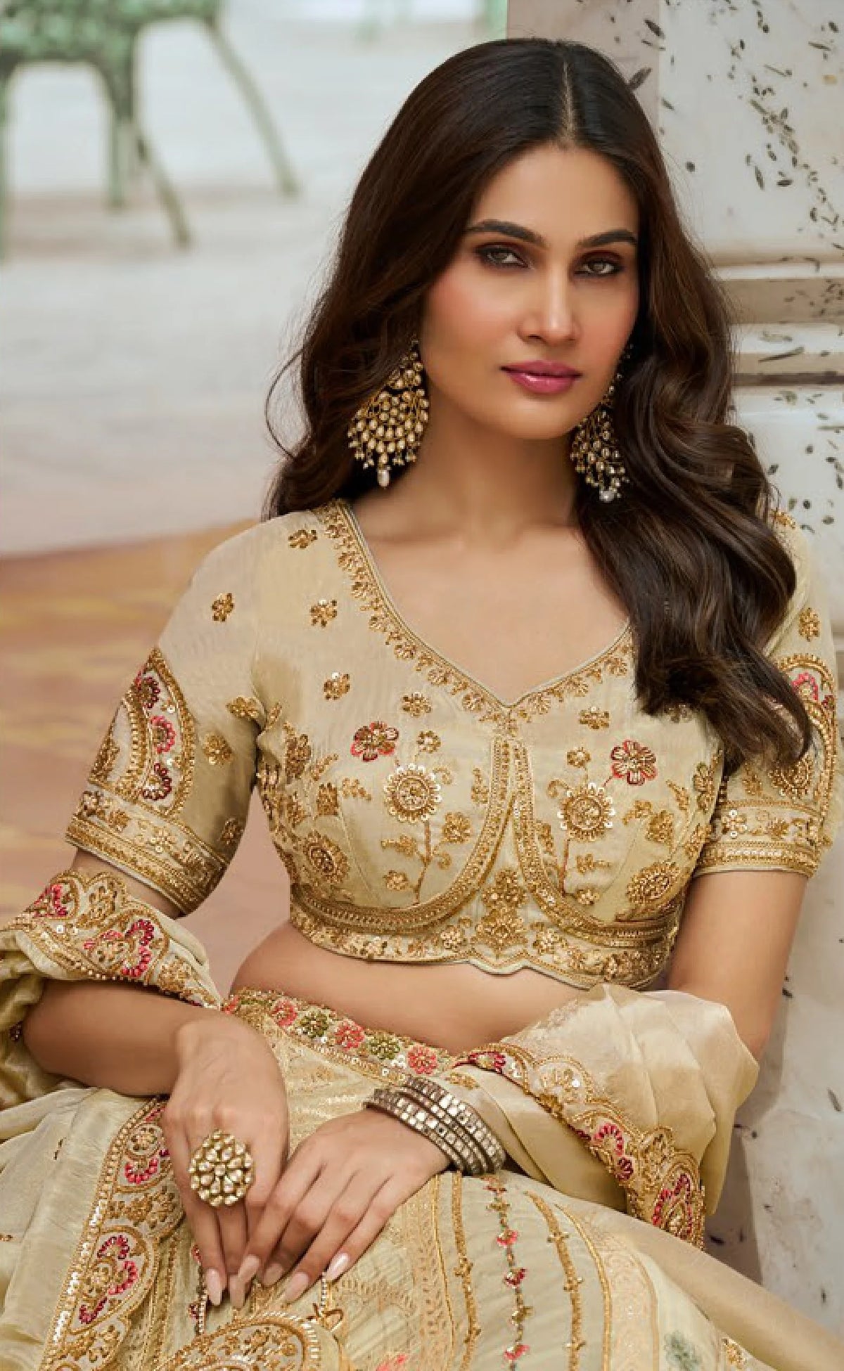 Banarasi Silk Wedding Wear Beige With Bread Work Lehenga