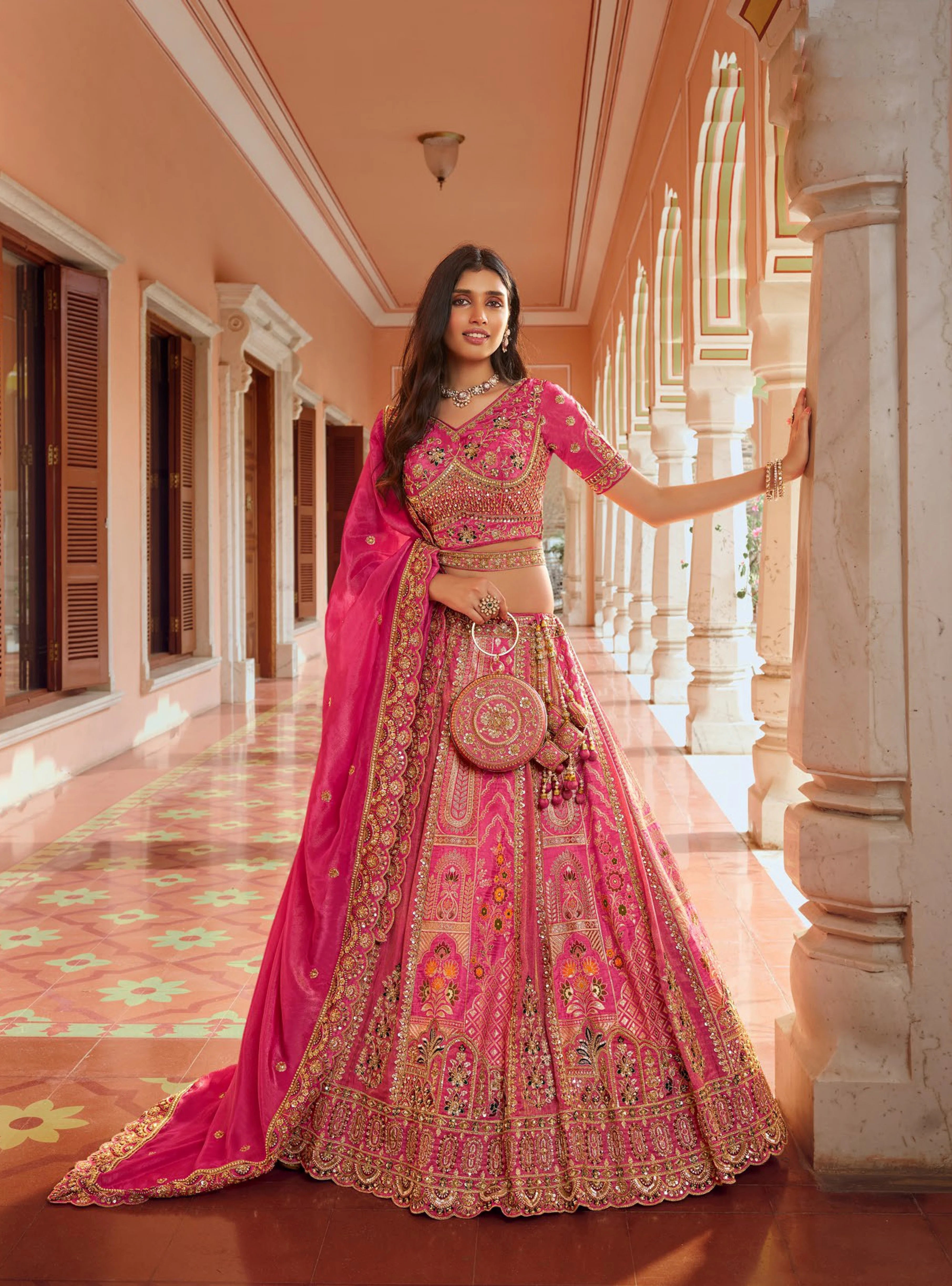 Banarasi Silk Wedding Wear Pink With Bread Work Lehenga