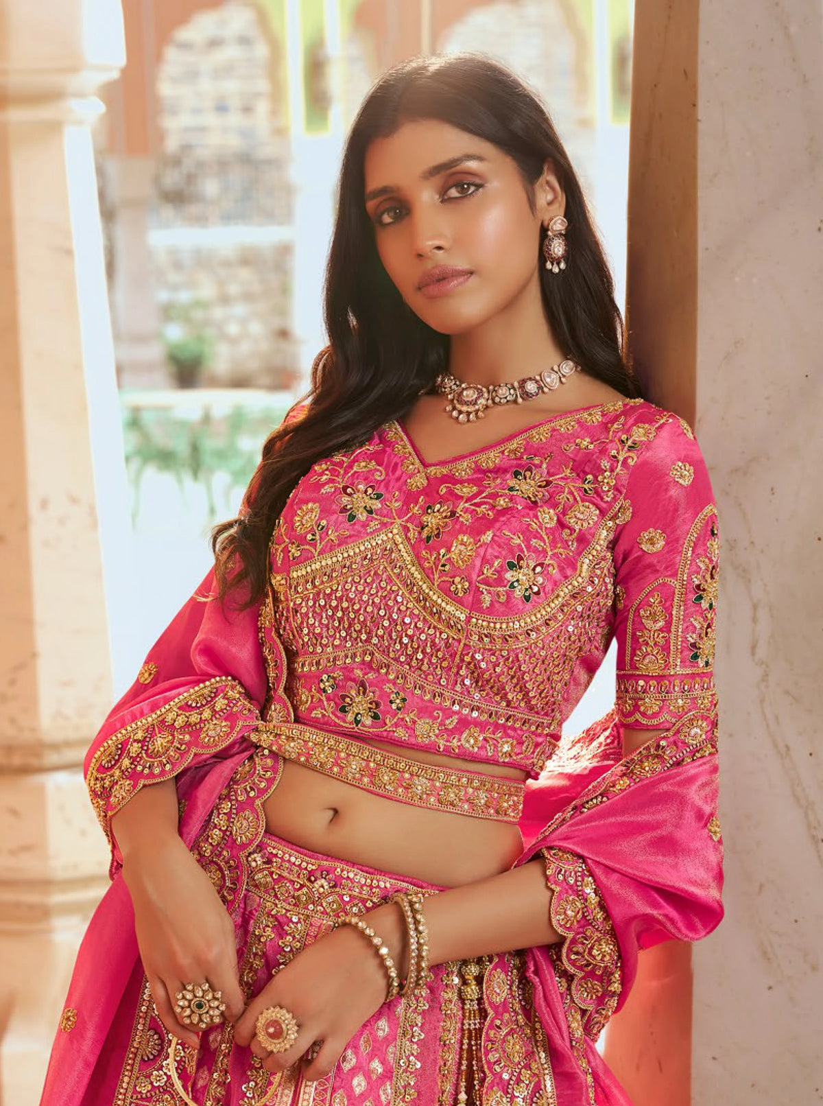 Banarasi Silk Wedding Wear Pink With Bread Work Lehenga