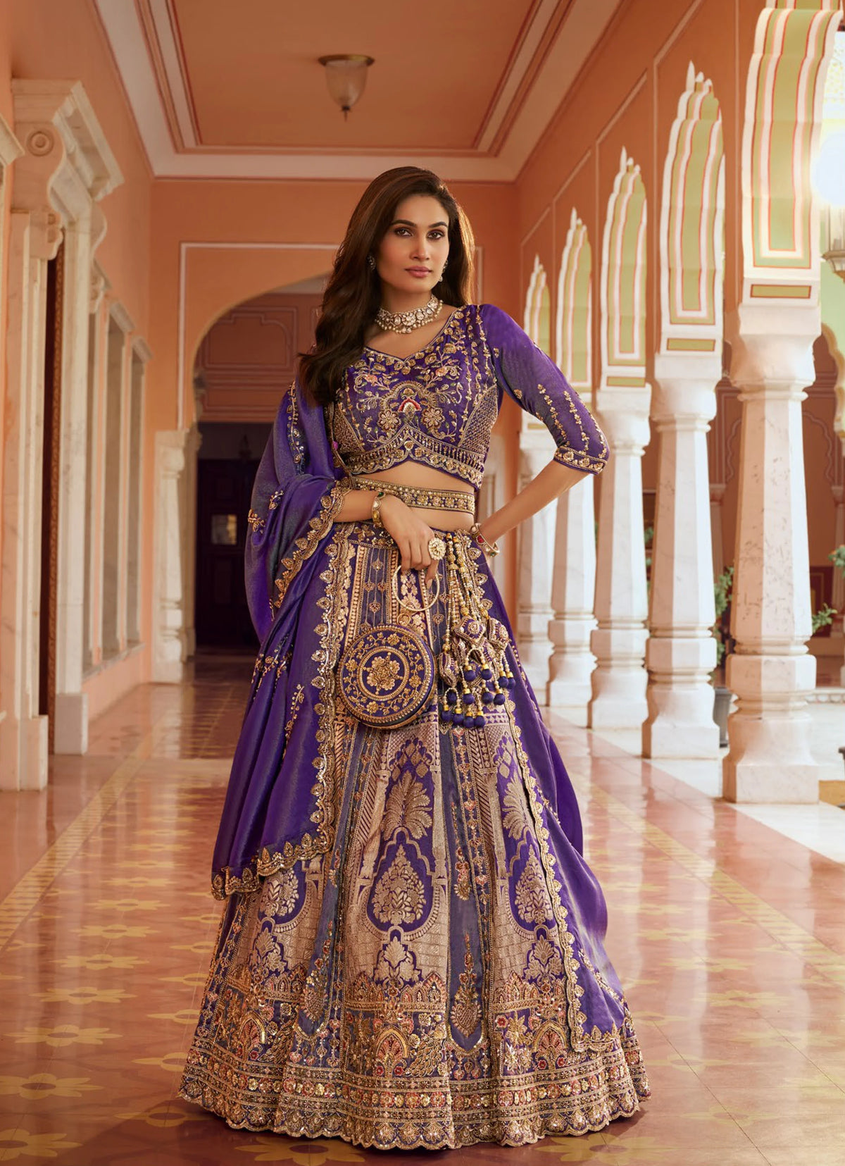 Banarasi Silk Wedding Wear Purple With Bread Work Lehenga
