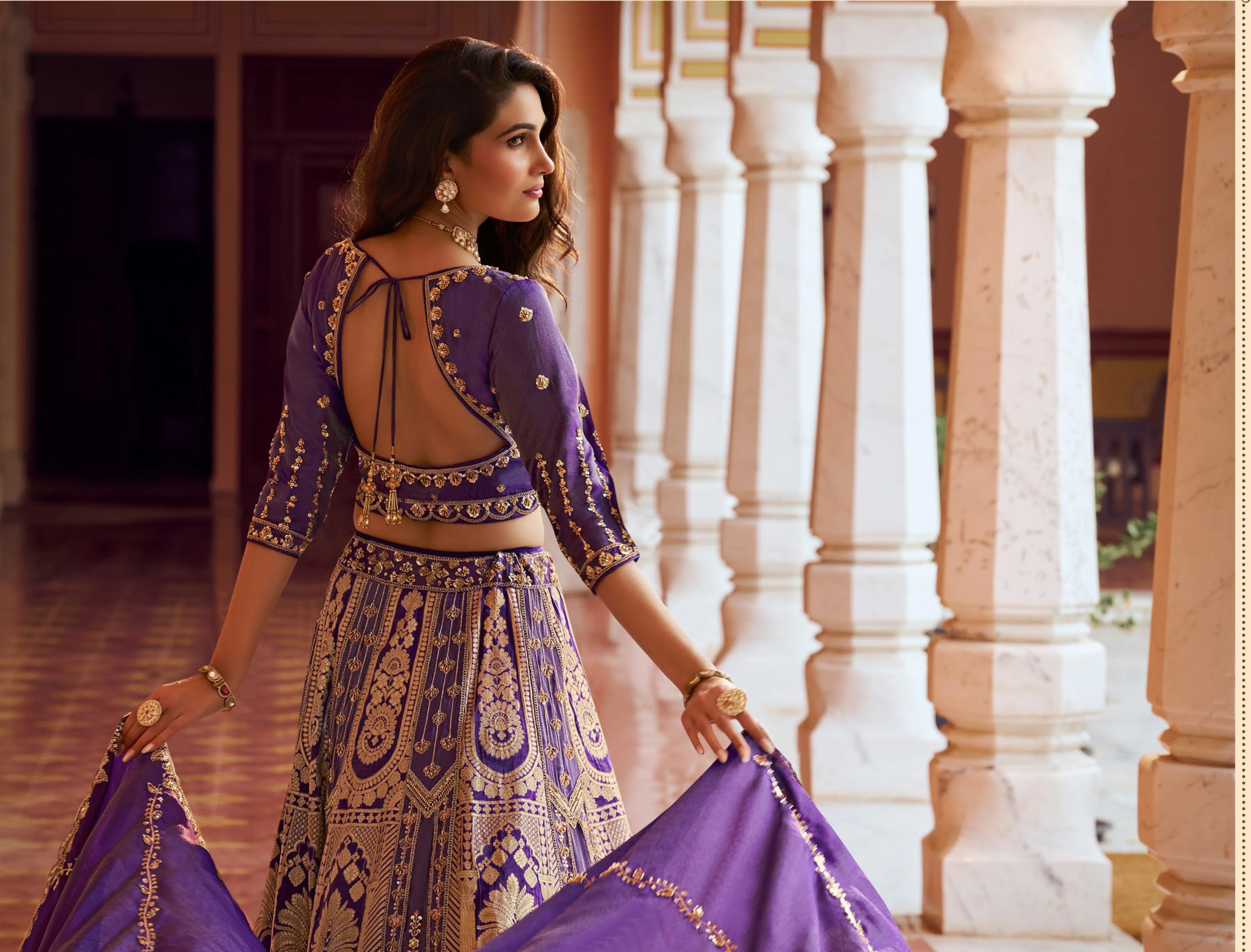 Banarasi Silk Wedding Wear Purple With Bread Work Lehenga