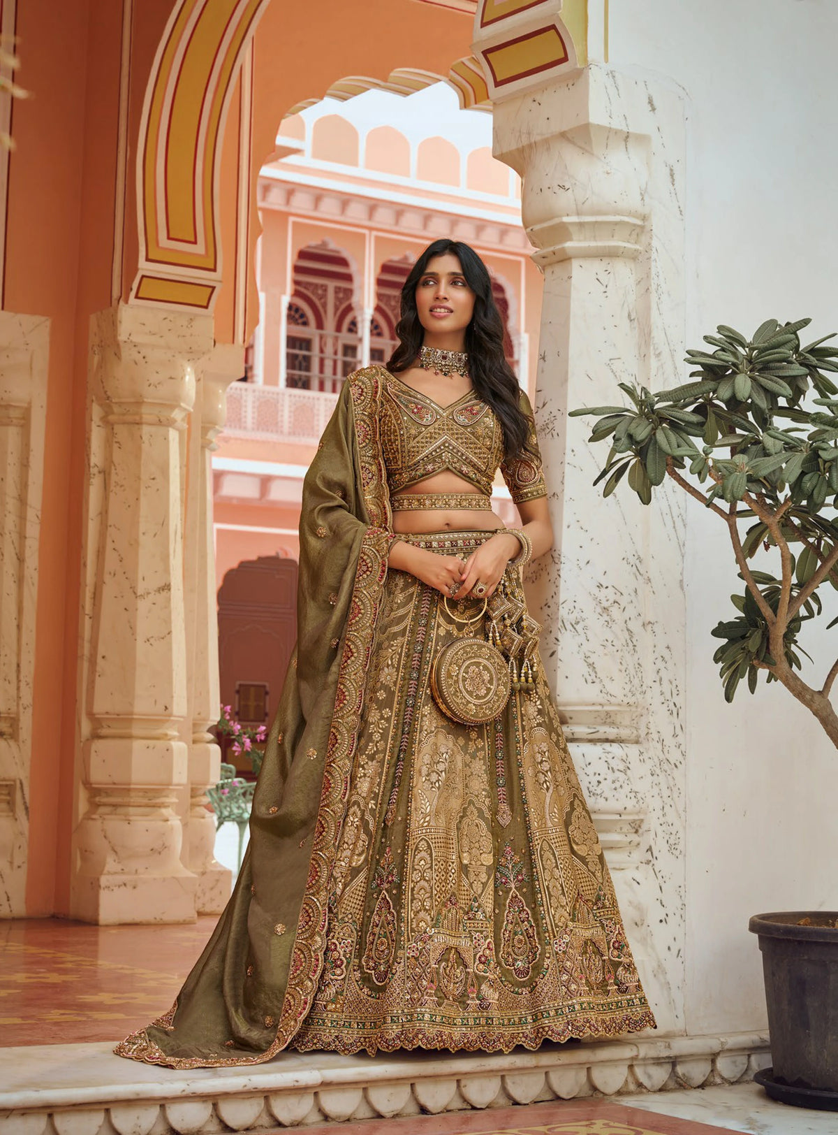 Banarasi Silk Wedding Wear Olive Green With Bread Work Lehenga