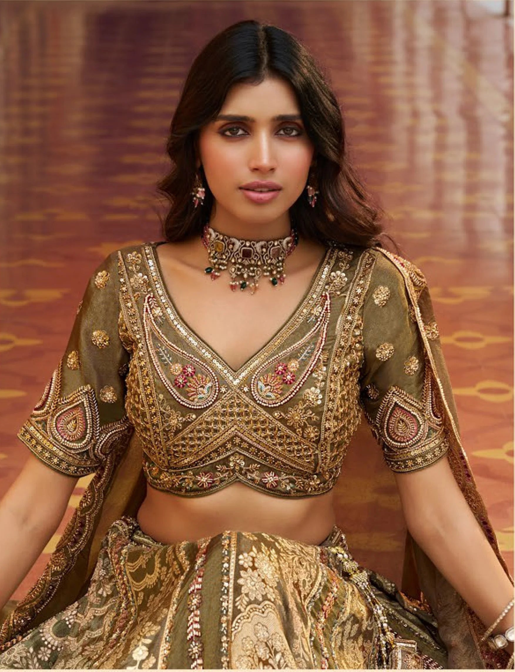 Banarasi Silk Wedding Wear Olive Green With Bread Work Lehenga