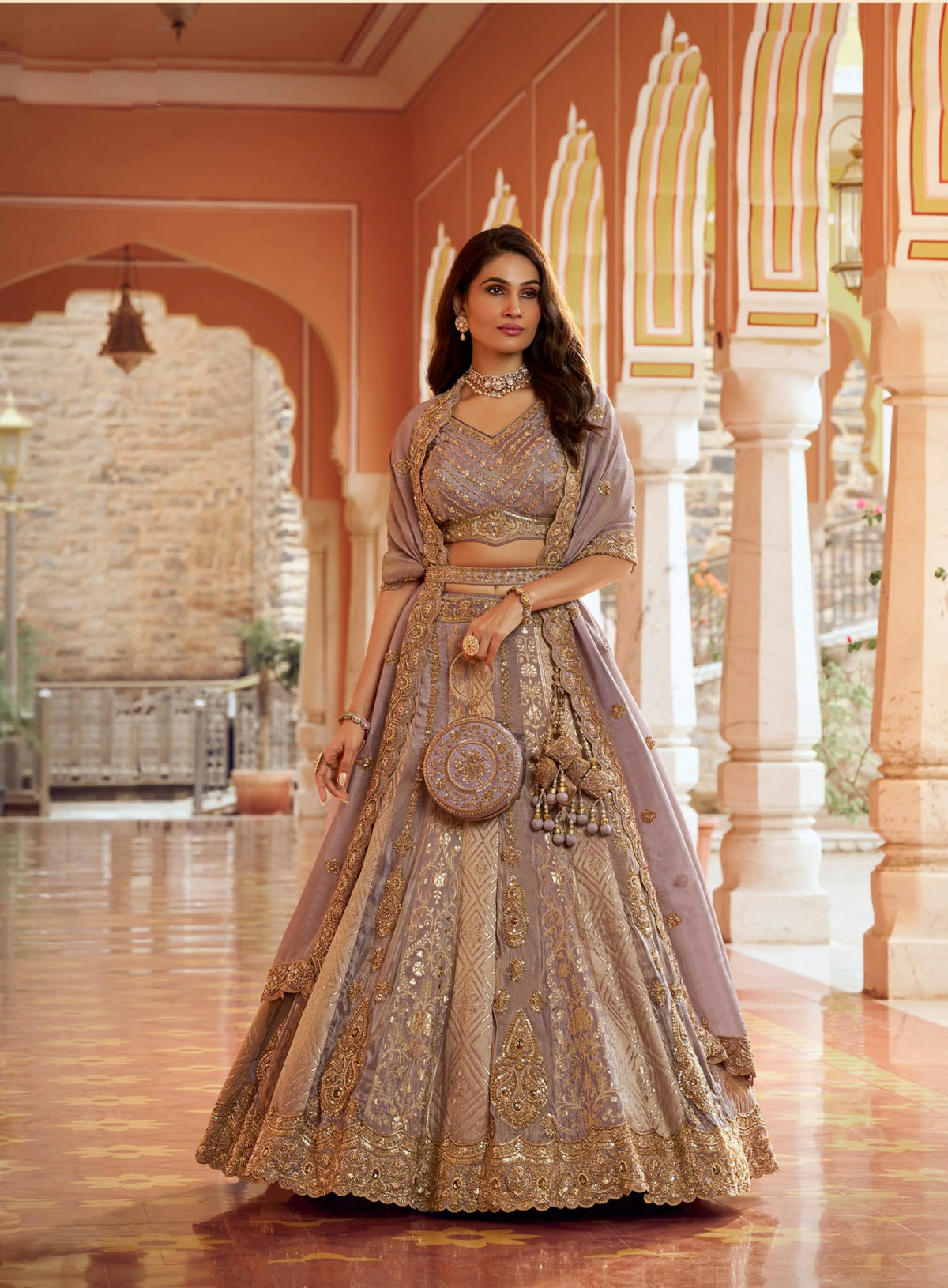Banarasi Silk Wedding Wear Lavender With Bread Work Lehenga