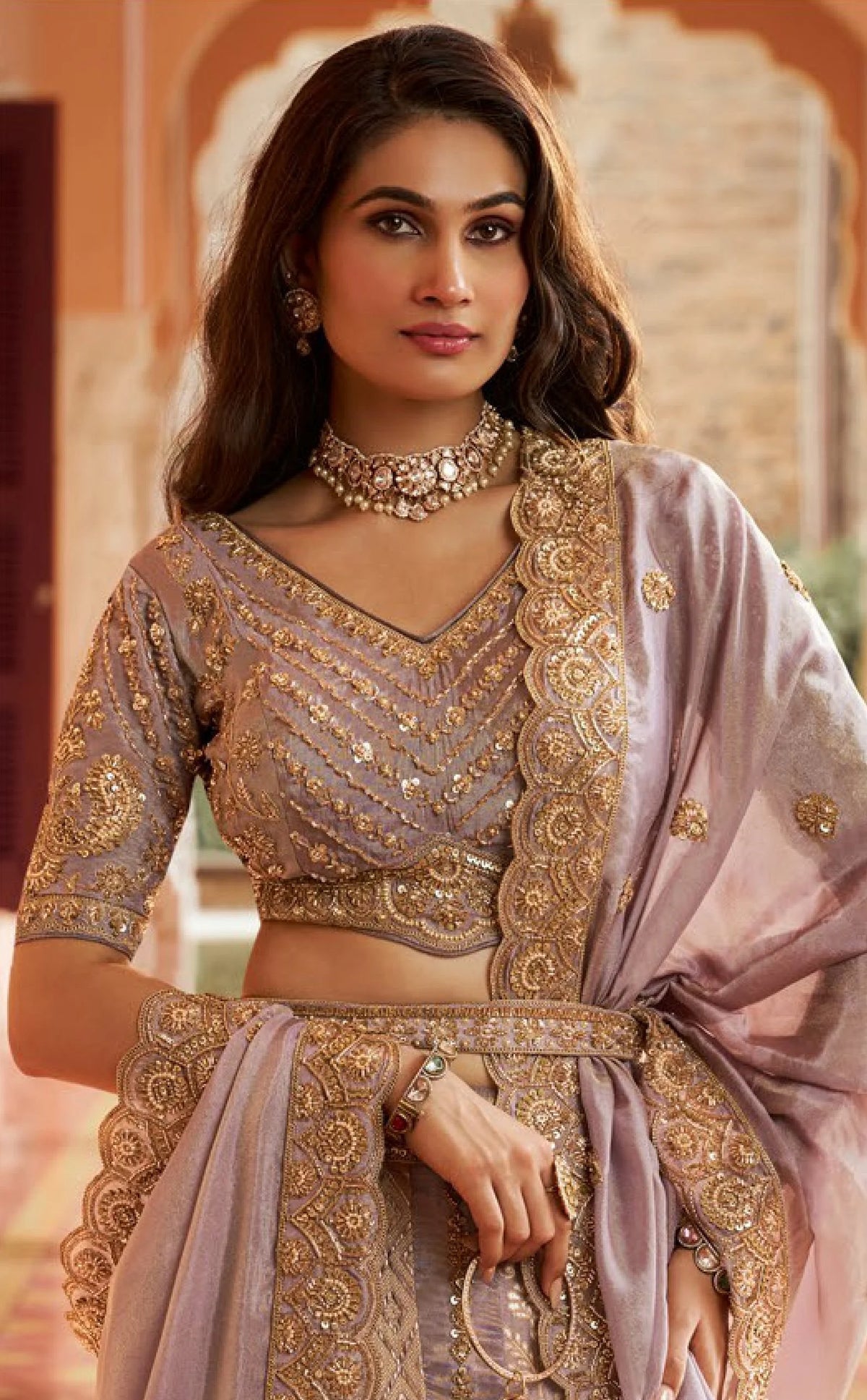 Banarasi Silk Wedding Wear Lavender With Bread Work Lehenga